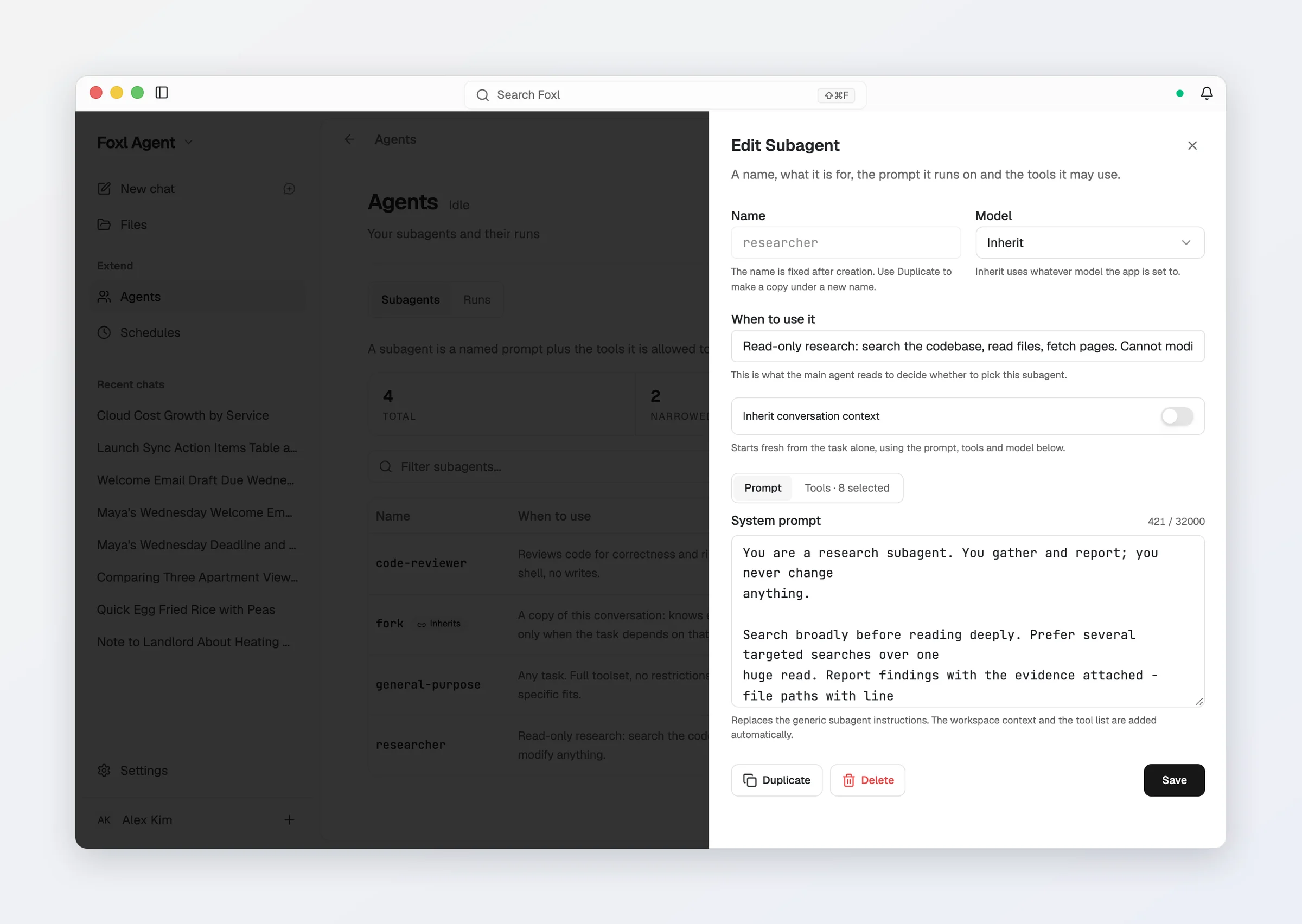 Edit Subagent for researcher: When to use it, Inherit conversation context off, the Prompt and Tools tabs with 8 tools selected, and the system prompt.