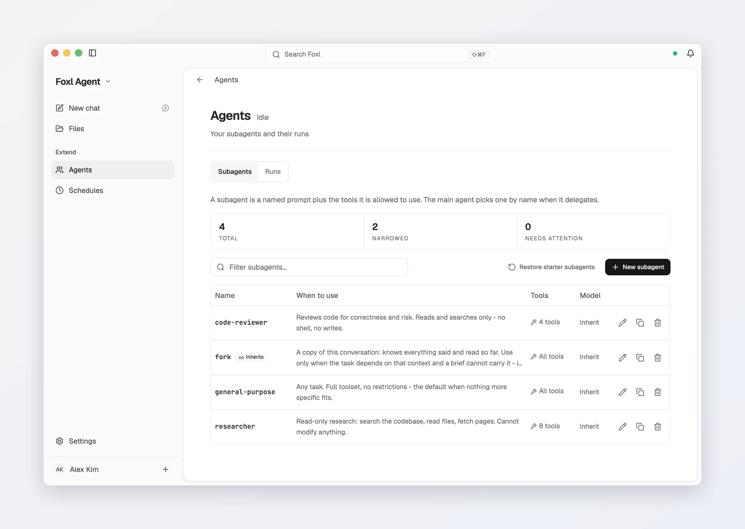 The Agents page in Foxl: 4 subagents, 2 narrowed, and the list with code-reviewer, fork (Inherits), general-purpose and researcher, each with its tools and model.