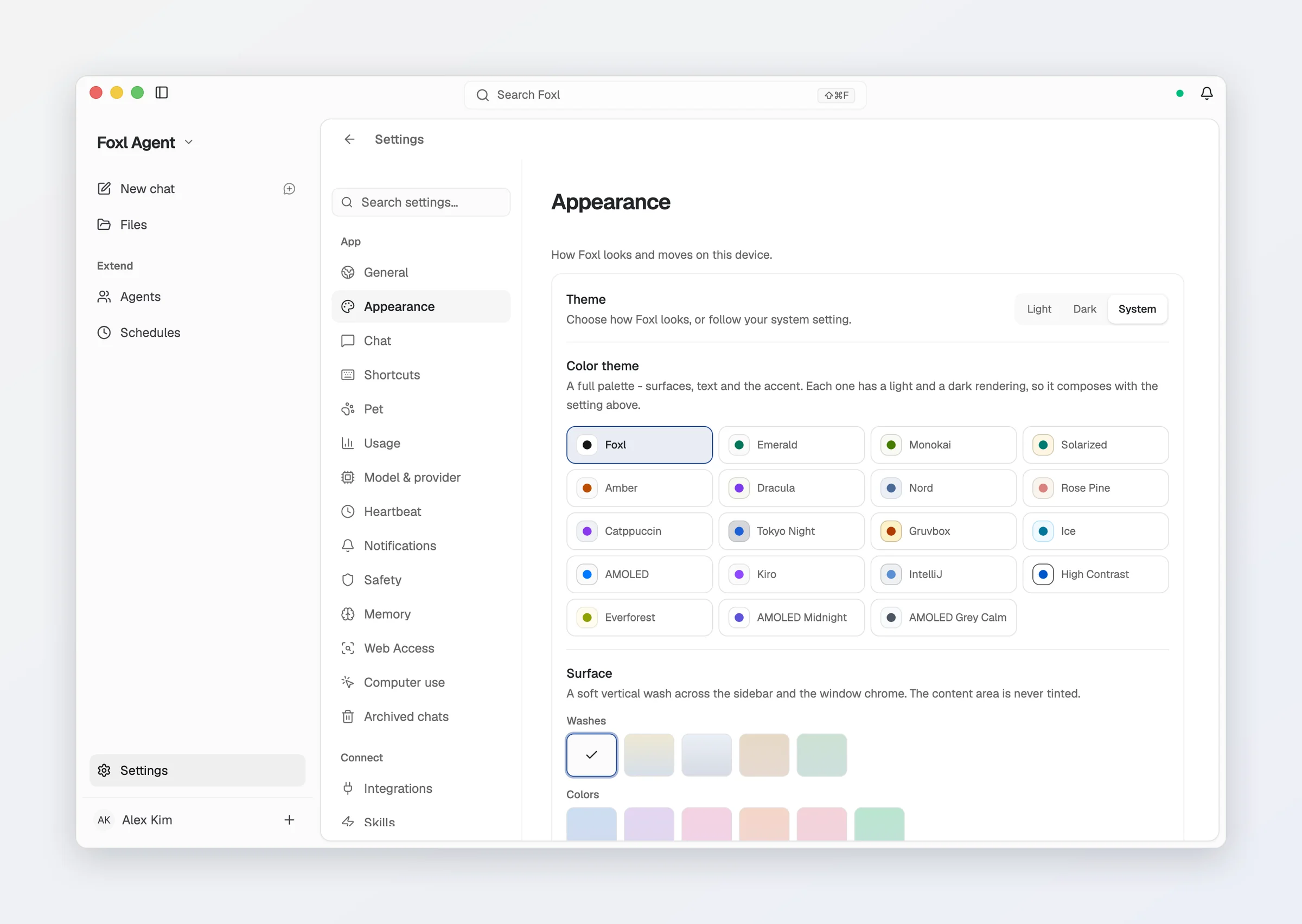 Settings > Appearance in Foxl: Theme with Light, Dark and System, the nineteen colour themes as a grid with Foxl selected, and the Surface washes below.