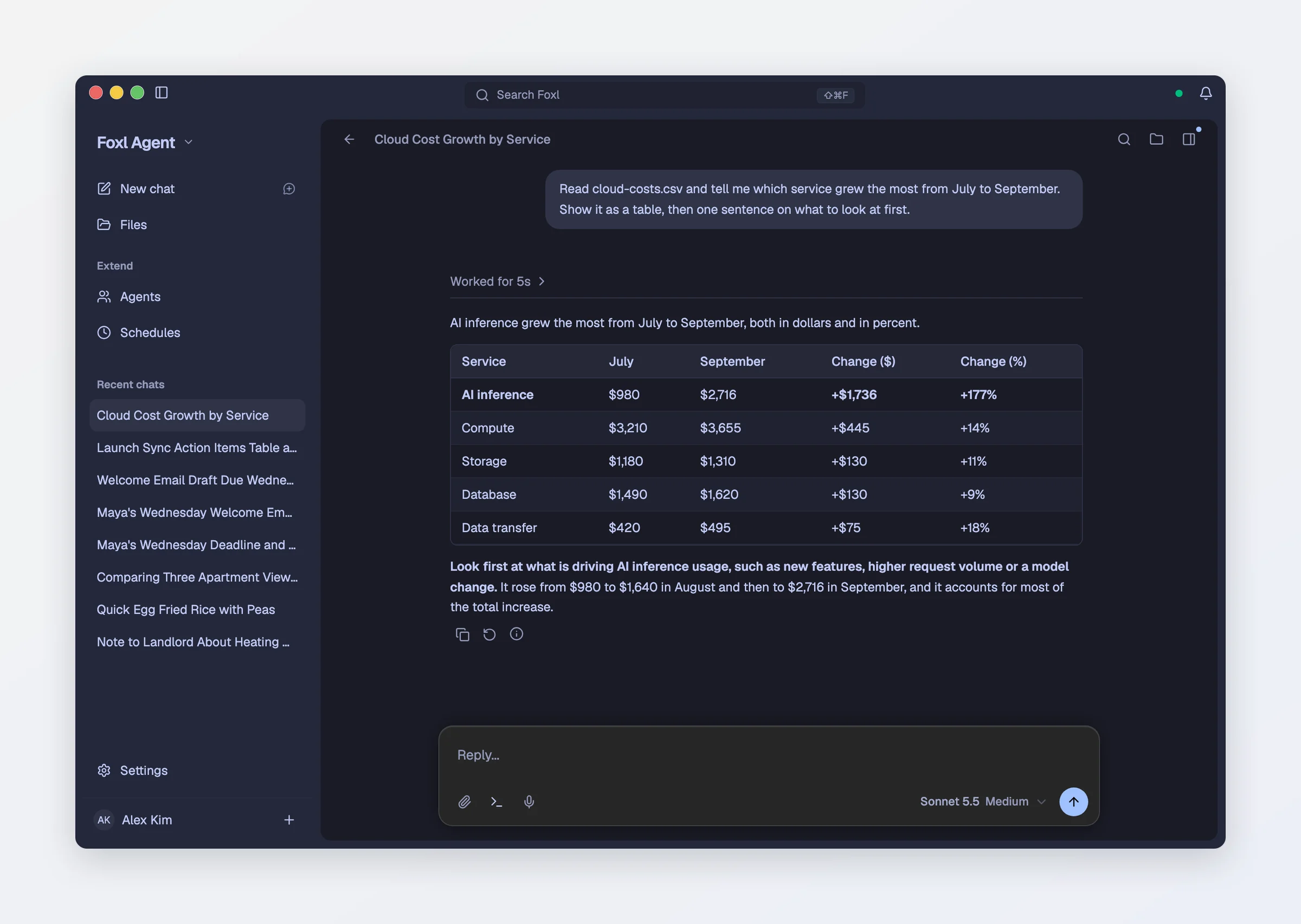 The same Foxl window in Dark with the Tokyo Night colour theme: a chat that read a cost export and answered with a table.