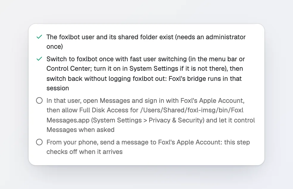 The dialog's steps with the first two checked: The foxlbot user and its shared folder exist, and Switch to foxlbot once with fast user switching, then switch back without logging foxlbot out. The Messages step and the first-message step are not done yet.