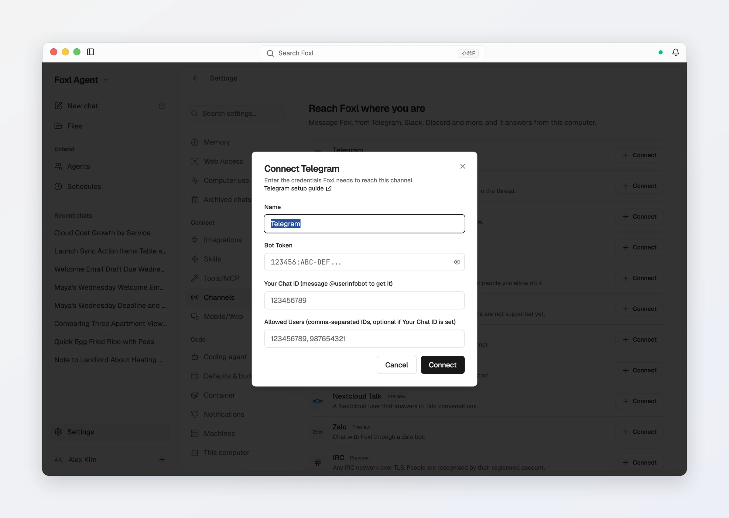 The Connect Telegram dialog: Name, Bot Token, Your Chat ID and Allowed Users, with a link to the Telegram setup guide, Cancel and Connect.