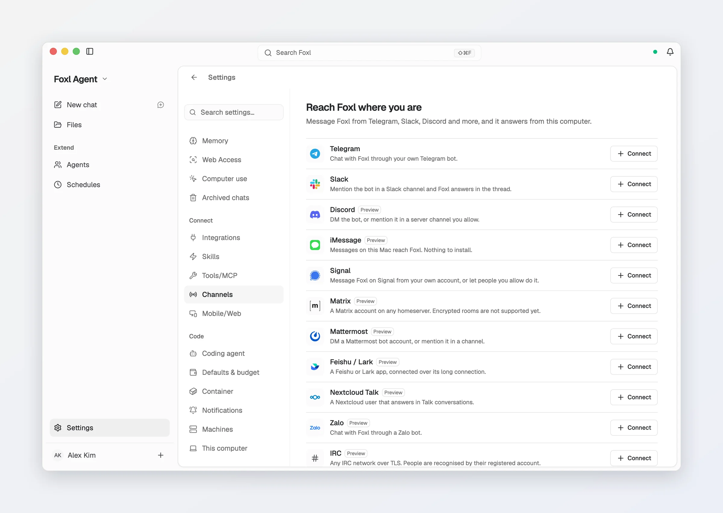 Settings > Connect > Channels: Telegram, Slack, Discord, iMessage, Signal, Matrix, Mattermost and the rest of the list, each with a Connect button.