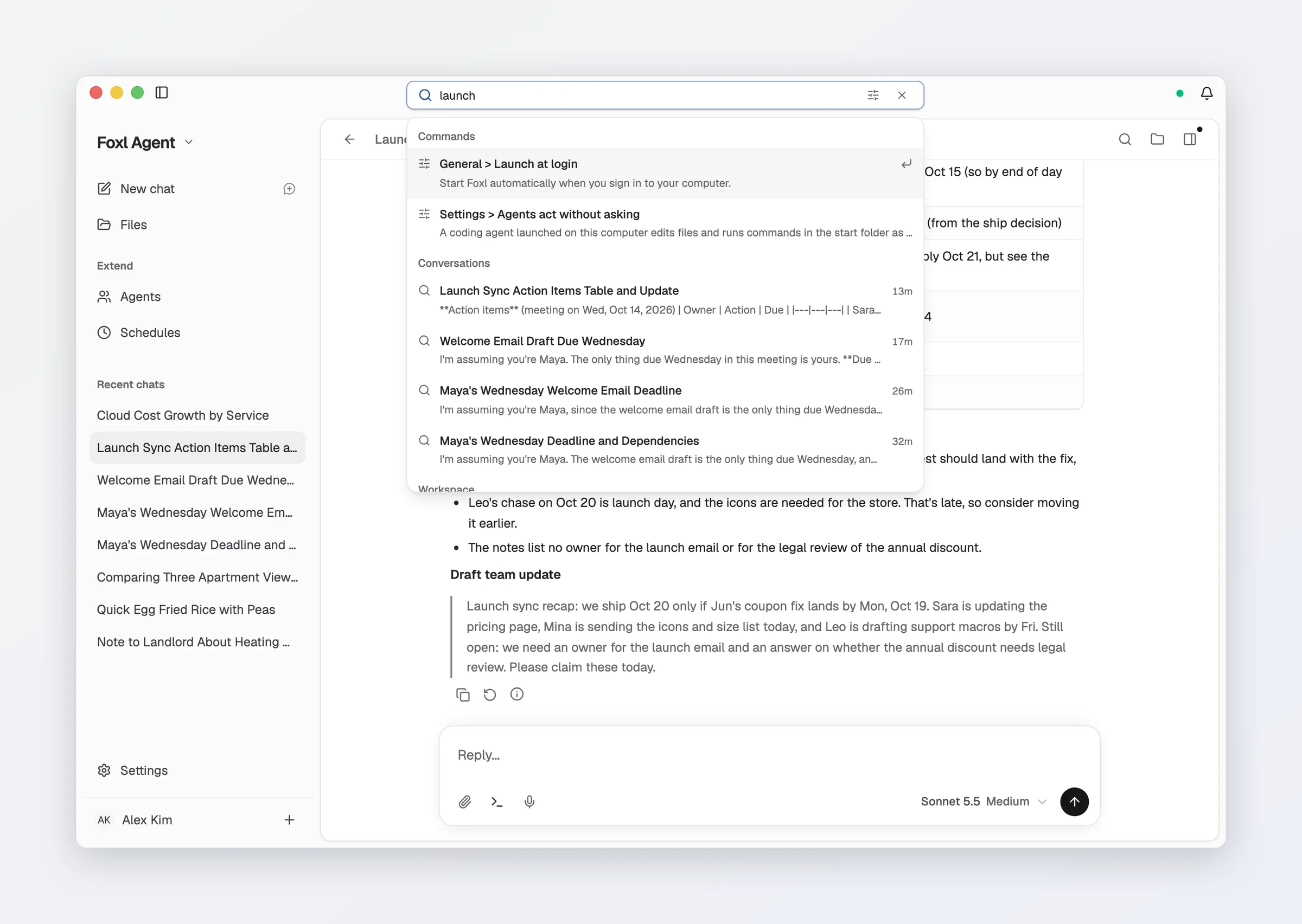 The search field in the Foxl titlebar with launch typed: a Commands group with General > Launch at login, then Conversations, the launch sync chat first with the line that matched under its title.