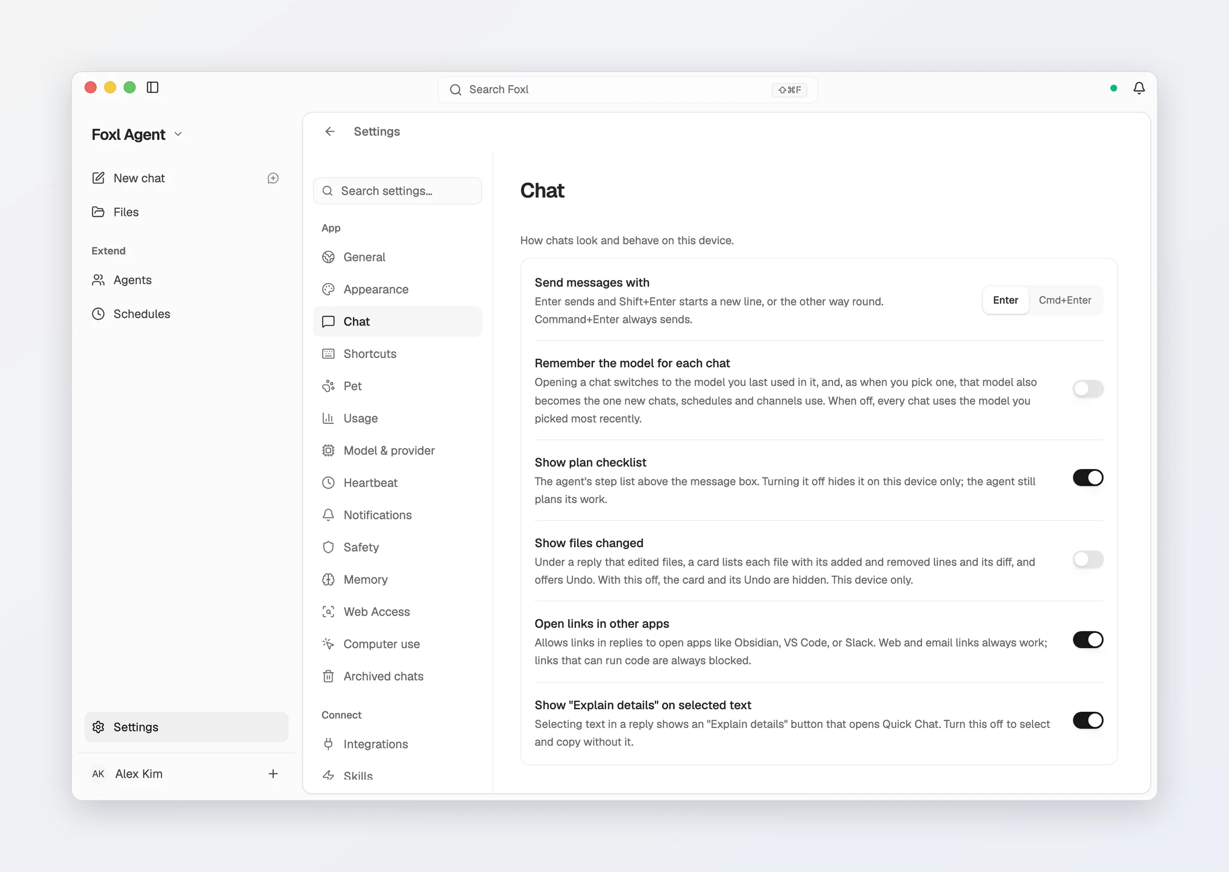 Settings > Chat in Foxl: Send messages with set to Enter, Remember the model for each chat off, Show plan checklist on, Show files changed off, Open links in other apps on, and Show "Explain details" on selected text on.