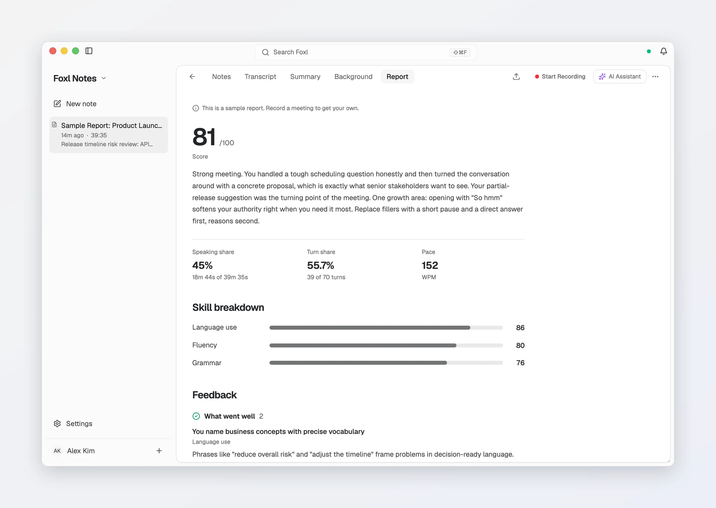 The Report tab on Foxl Notes' sample note: a score of 81/100, speaking share 45%, turn share 55.7% and pace 152 WPM, a skill breakdown and Feedback.