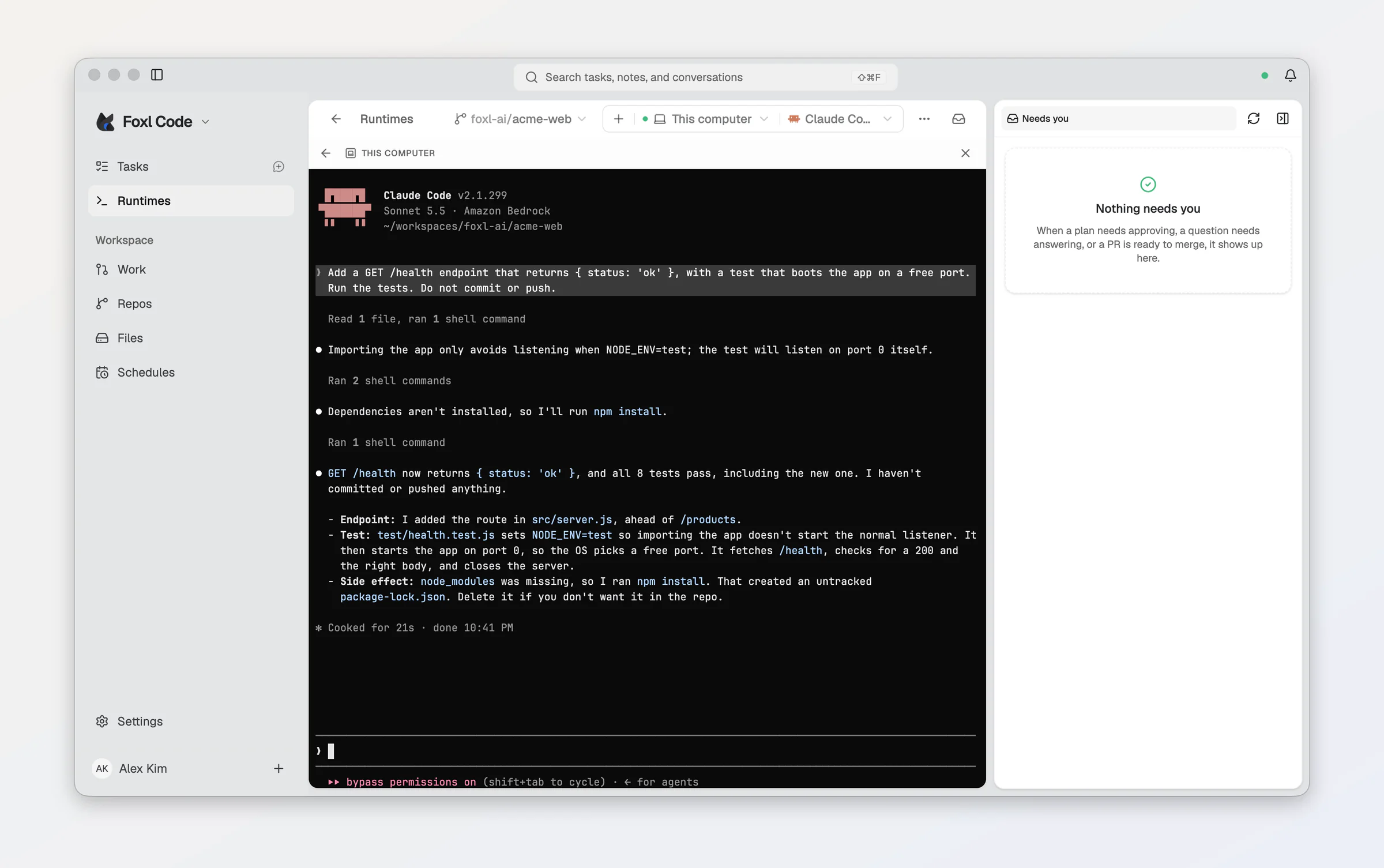 Foxl Code in the Foxl desktop app, running on This computer: in Runtimes, Claude Code added a GET /health endpoint to a repository and ran its tests, all 8 passing, without committing or pushing.