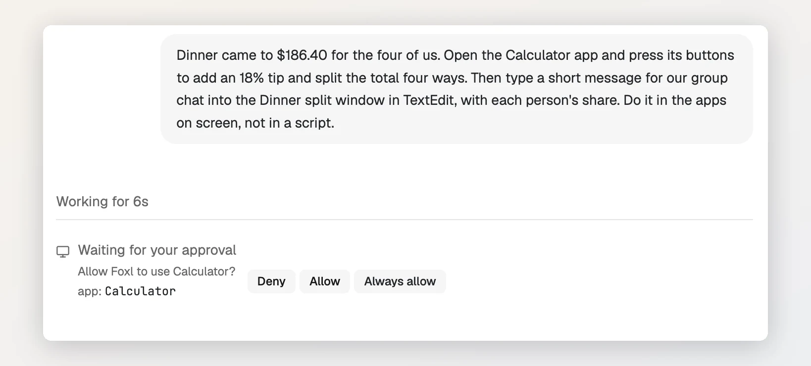 A Foxl chat asking Allow Foxl to use Calculator?, with the buttons Deny, Allow and Always allow.