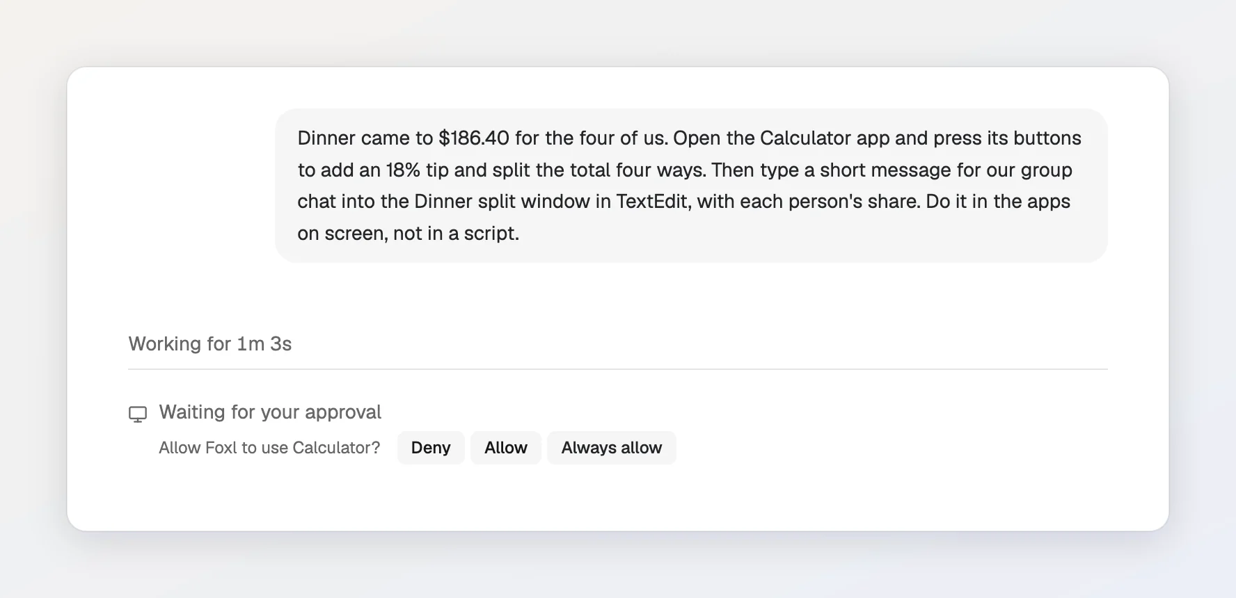 A Foxl chat asking Allow Foxl to use Calculator?, with the buttons Deny, Allow and Always allow.