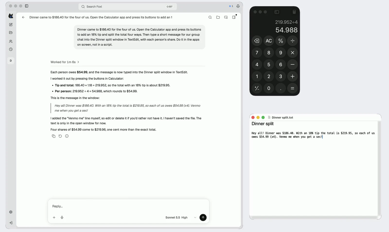 Foxl's chat next to Calculator and TextEdit after the task: Calculator shows 54.988, Foxl's answer says each person owes $54.99, and TextEdit has a message for the group with that amount.