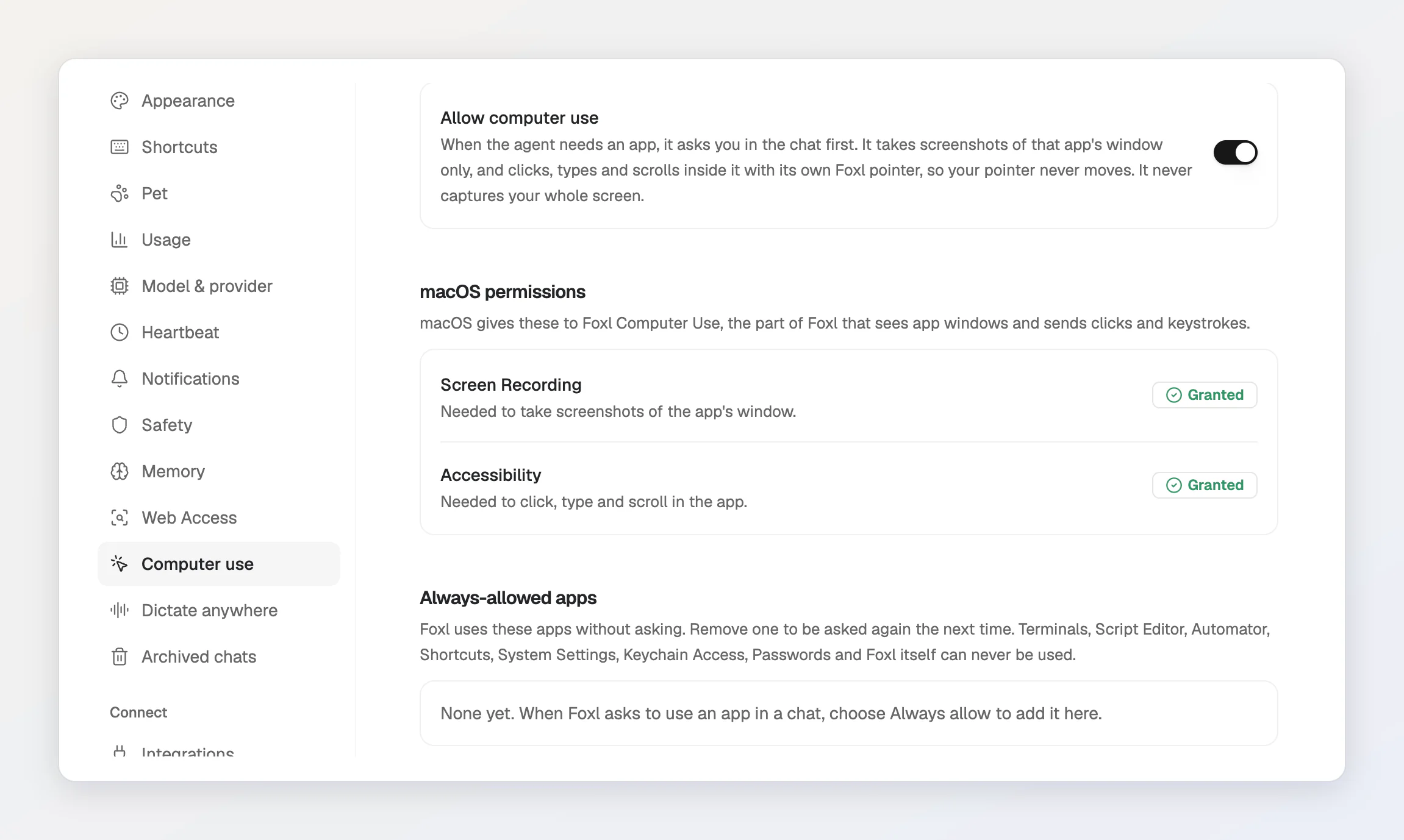 Settings > Computer use in Foxl: Allow computer use is on, and Screen Recording and Accessibility both say Granted.