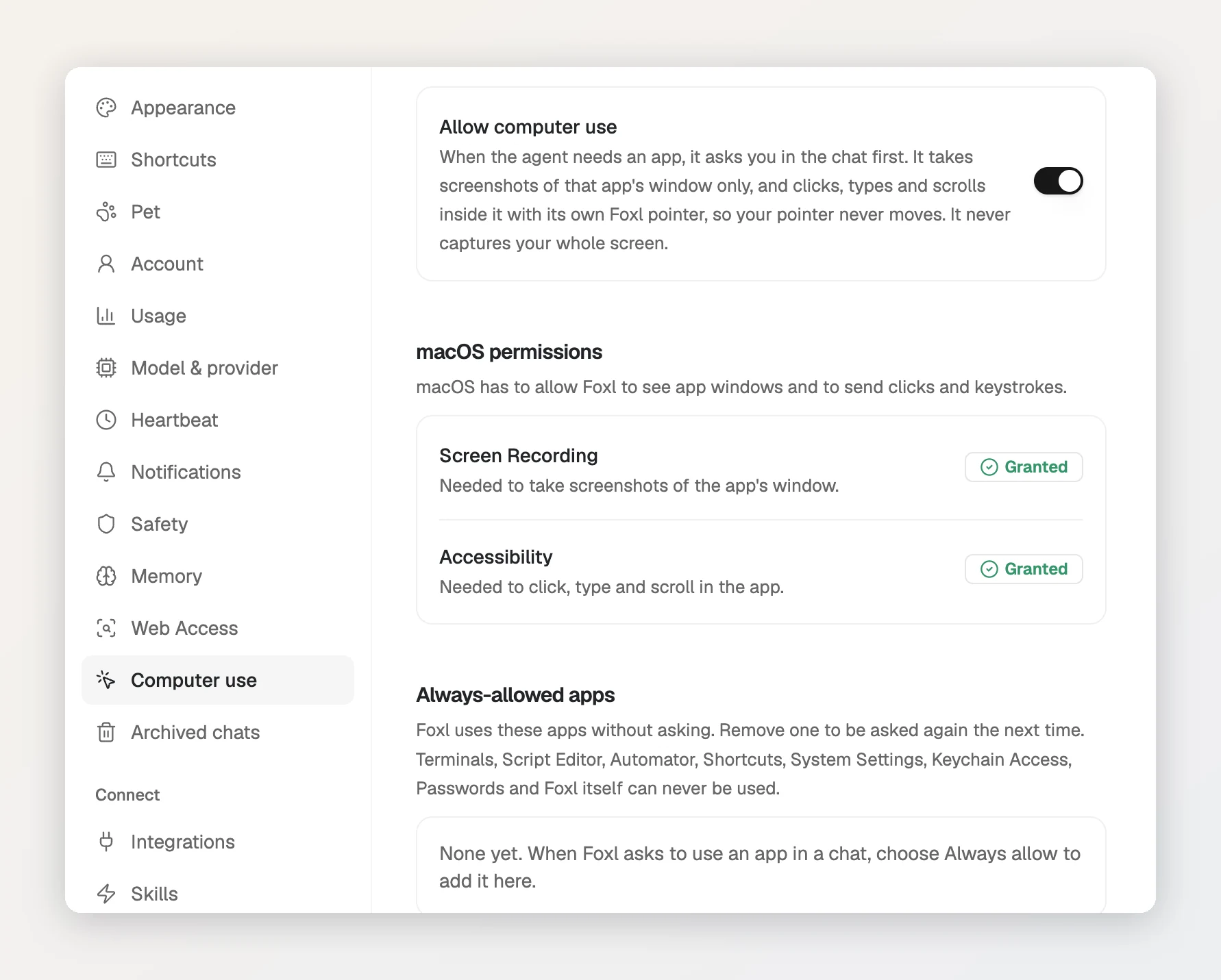 Settings > Computer use in Foxl: Allow computer use is on, and Screen Recording and Accessibility both say Granted.