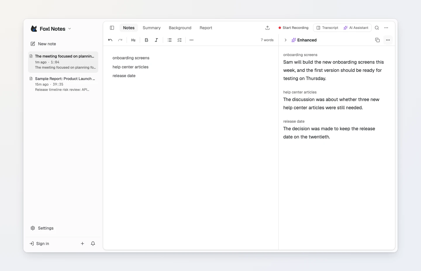 A Foxl note after the meeting: three shorthand lines on the left (onboarding screens, help center articles, release date) and, in the Enhanced column on the right, what was said about each one, such as "The decision was made to keep the release date on the twentieth."