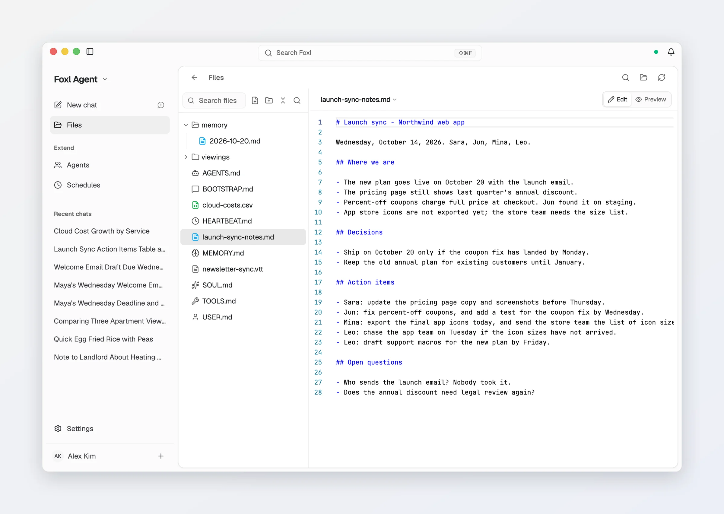 The Files page in Foxl with launch-sync-notes.md open in the editor, beside the workspace tree with memory, viewings, AGENTS.md, MEMORY.md, SOUL.md and USER.md.