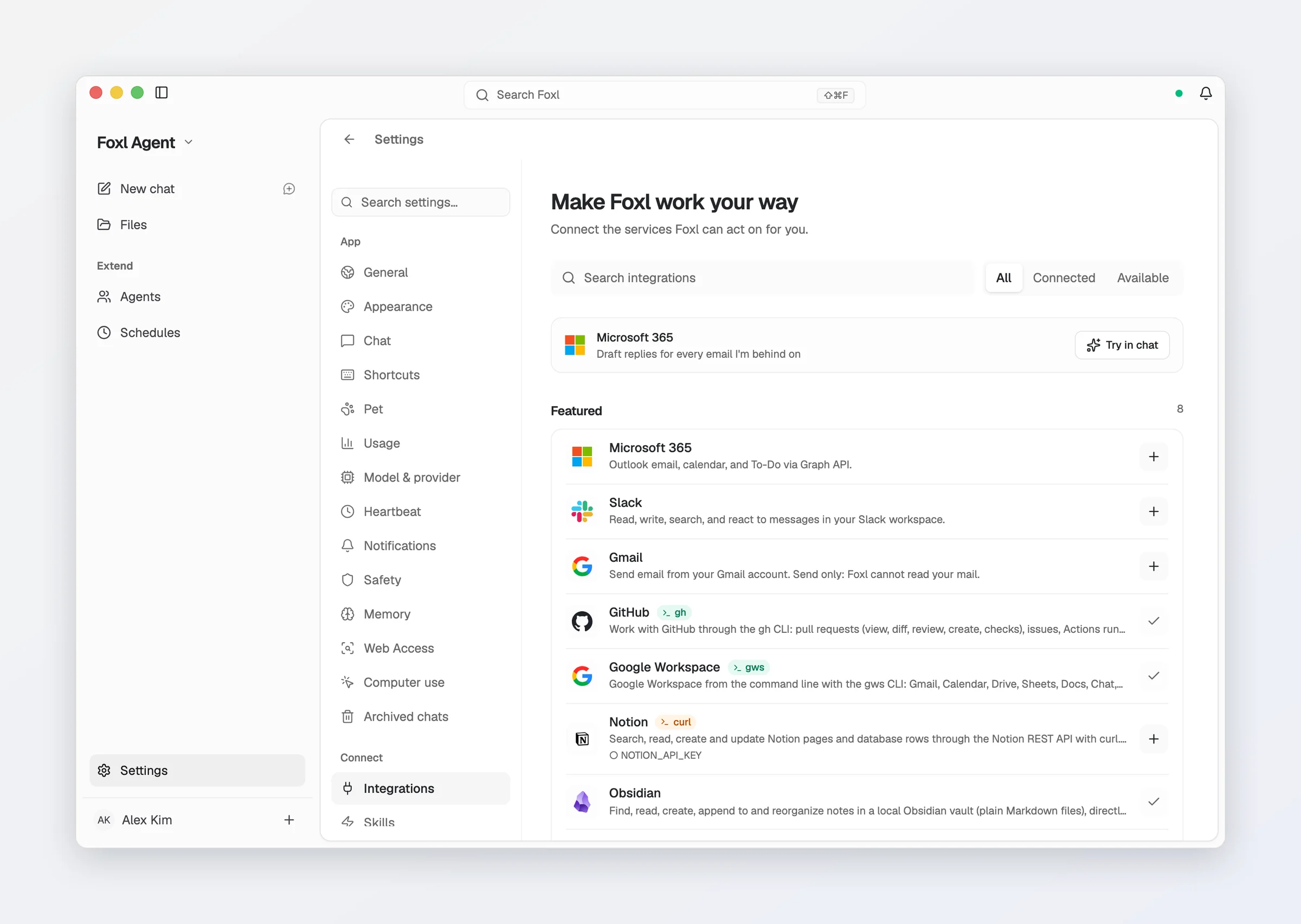Settings > Connect > Integrations: Featured services, with Microsoft 365, Slack and Gmail (Send email from your Gmail account. Send only: Foxl cannot read your email) each with a + button.