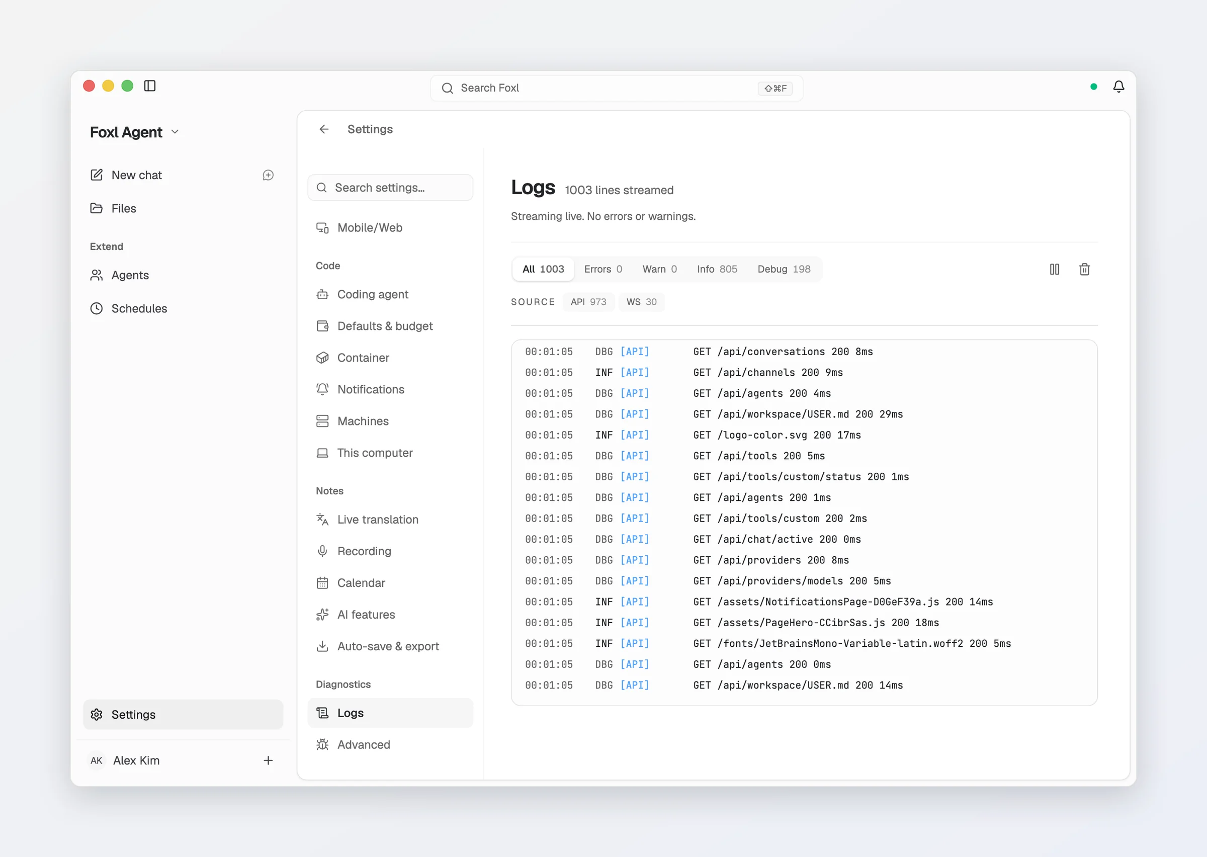 Settings > Logs in Foxl: 1003 lines streamed, no errors or warnings, filters for All, Errors, Warn, Info and Debug and for each source, and the live request log.