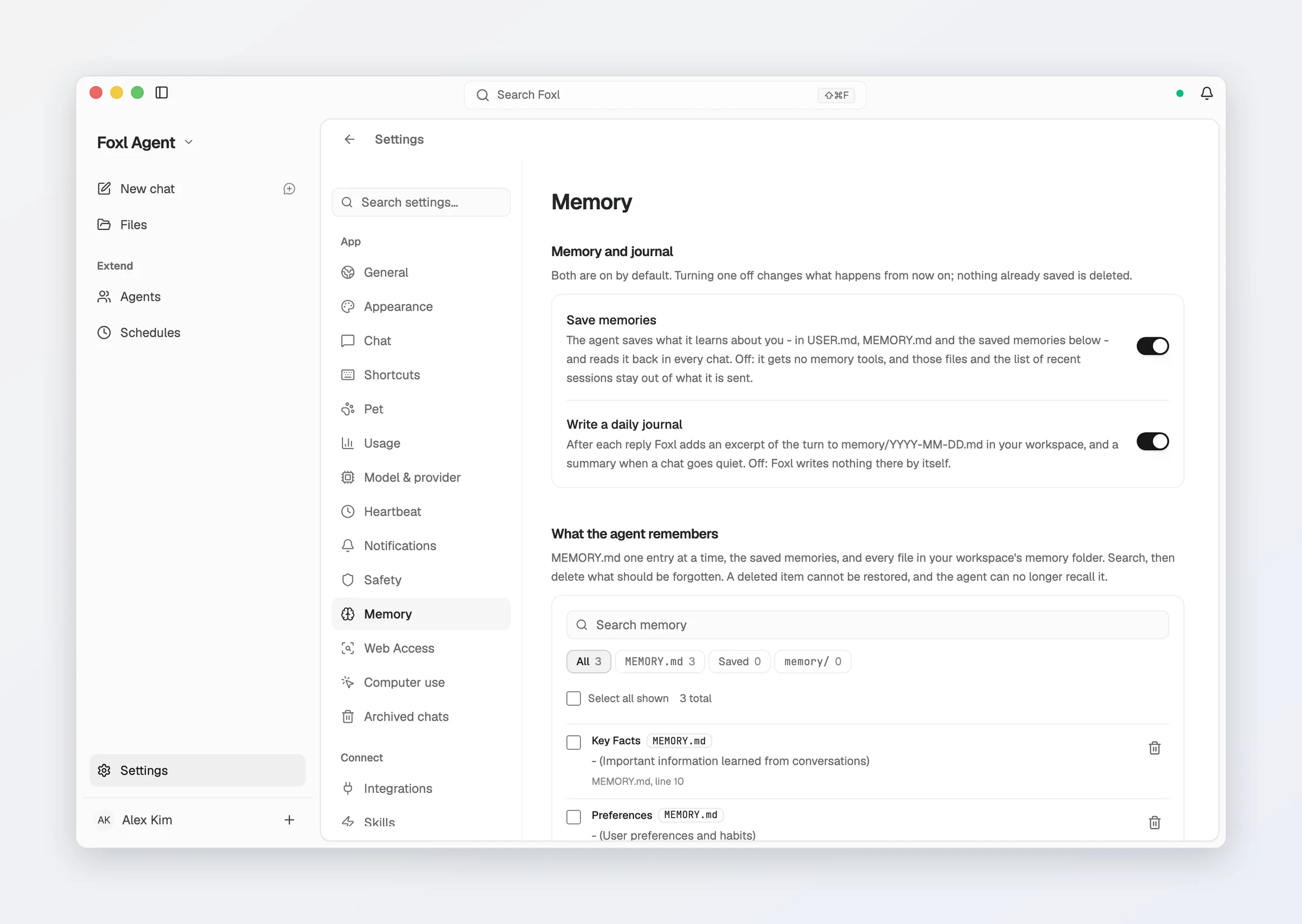 Settings > Memory in Foxl: Save memories and Write a daily journal both on, and What the agent remembers, with a search field and the MEMORY.md entries listed one at a time.