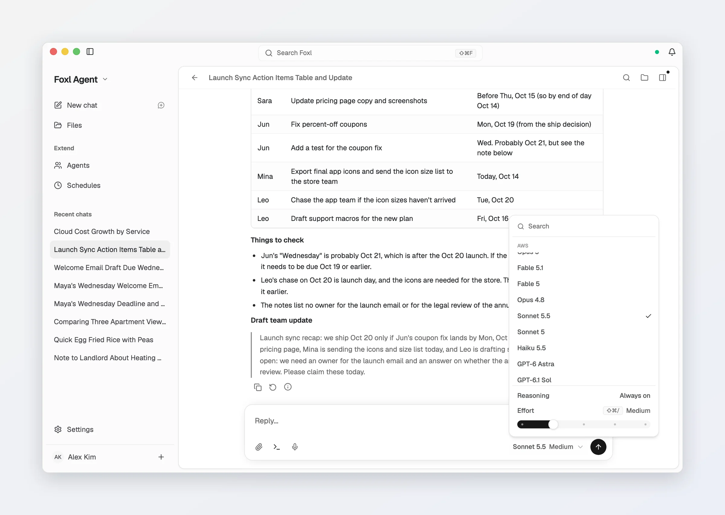 The model picker open above the message box: a search field, the Amazon Bedrock models with Sonnet 5.5 checked, and Reasoning and Effort controls at the bottom.