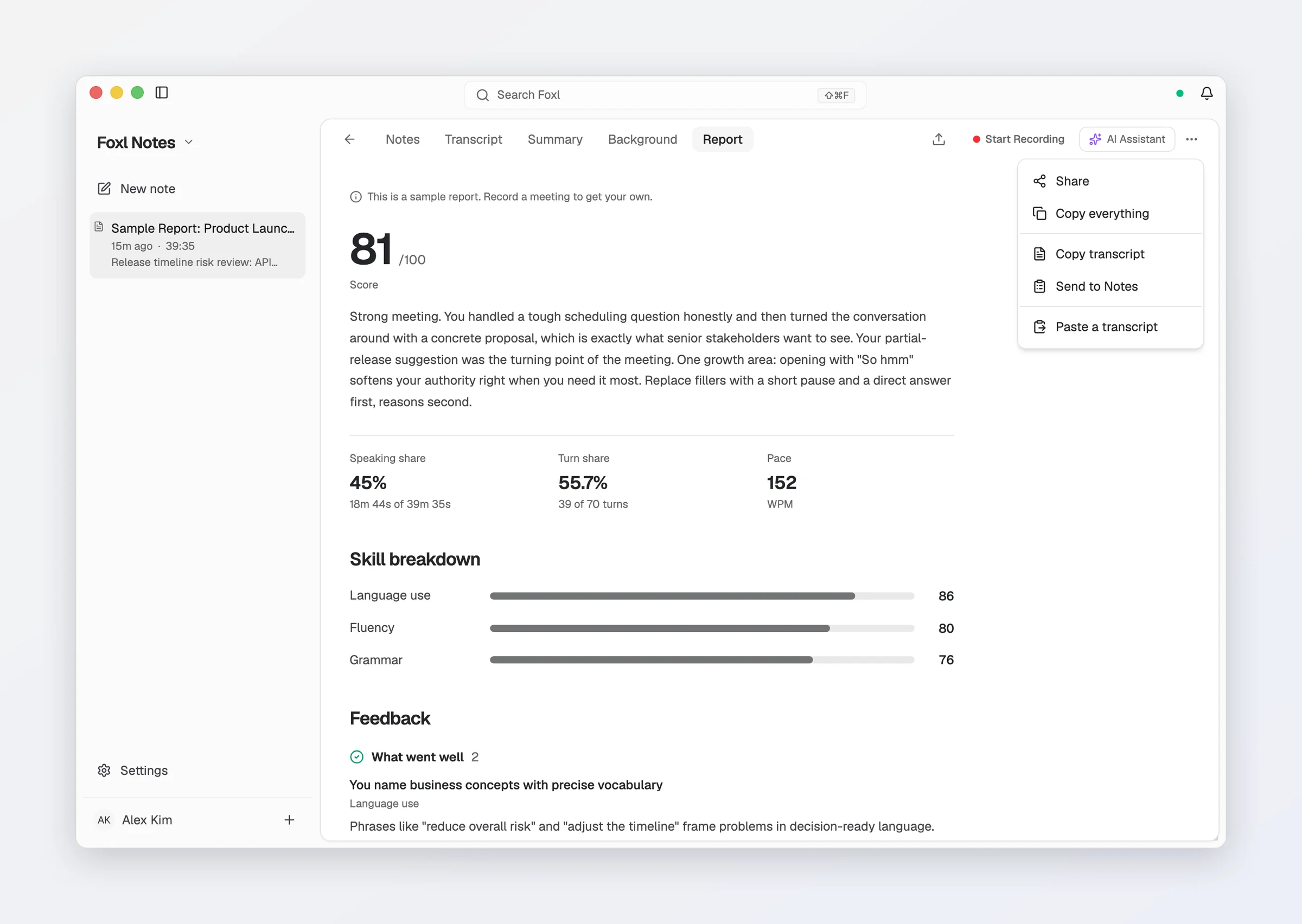 The open note's More menu: Share, Copy everything, Copy transcript, Send to Notes and Paste a transcript.