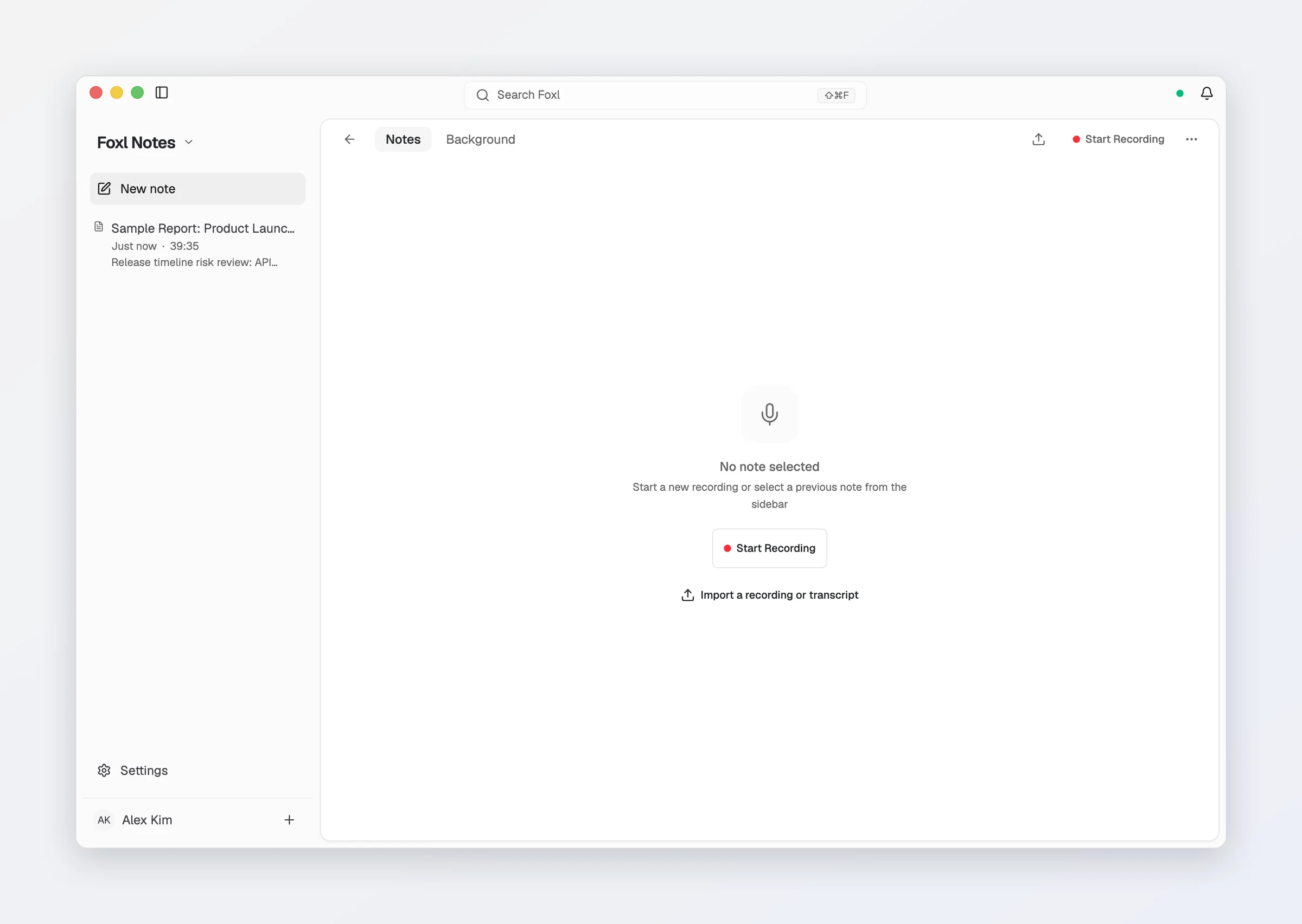Foxl Notes with no note open, before the round Start Recording button: a Start Recording button and Import a recording or transcript.