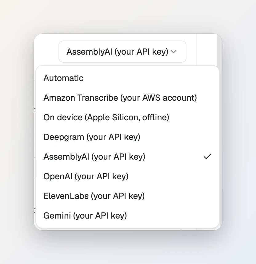 The Transcription Provider list in Foxl's Recording settings, with AssemblyAI (your API key) selected.