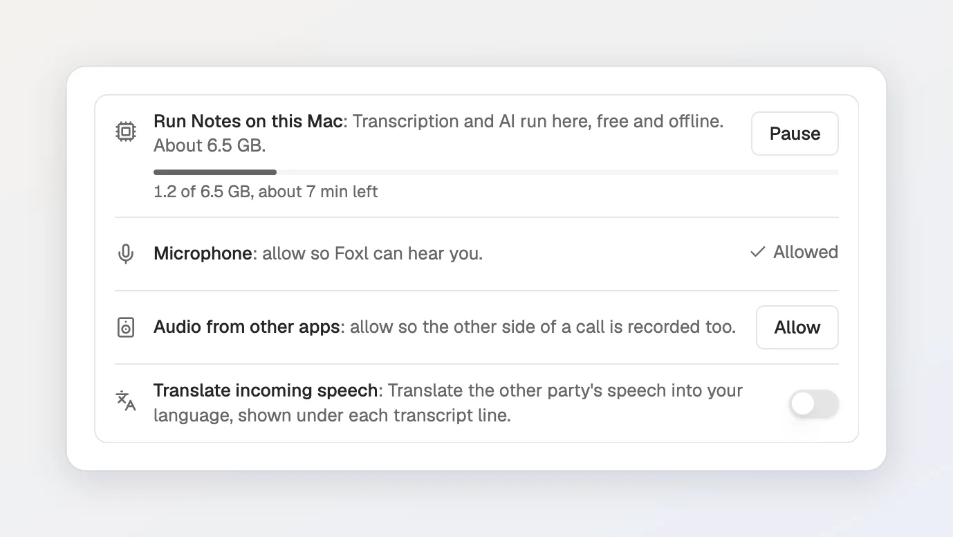 Die Zeile Notes auf diesem Mac ausführen während des Downloads: ein Fortschrittsbalken, die heruntergeladenen Gigabyte von der Gesamtgröße mit den verbleibenden Minuten und eine Schaltfläche Pausieren.