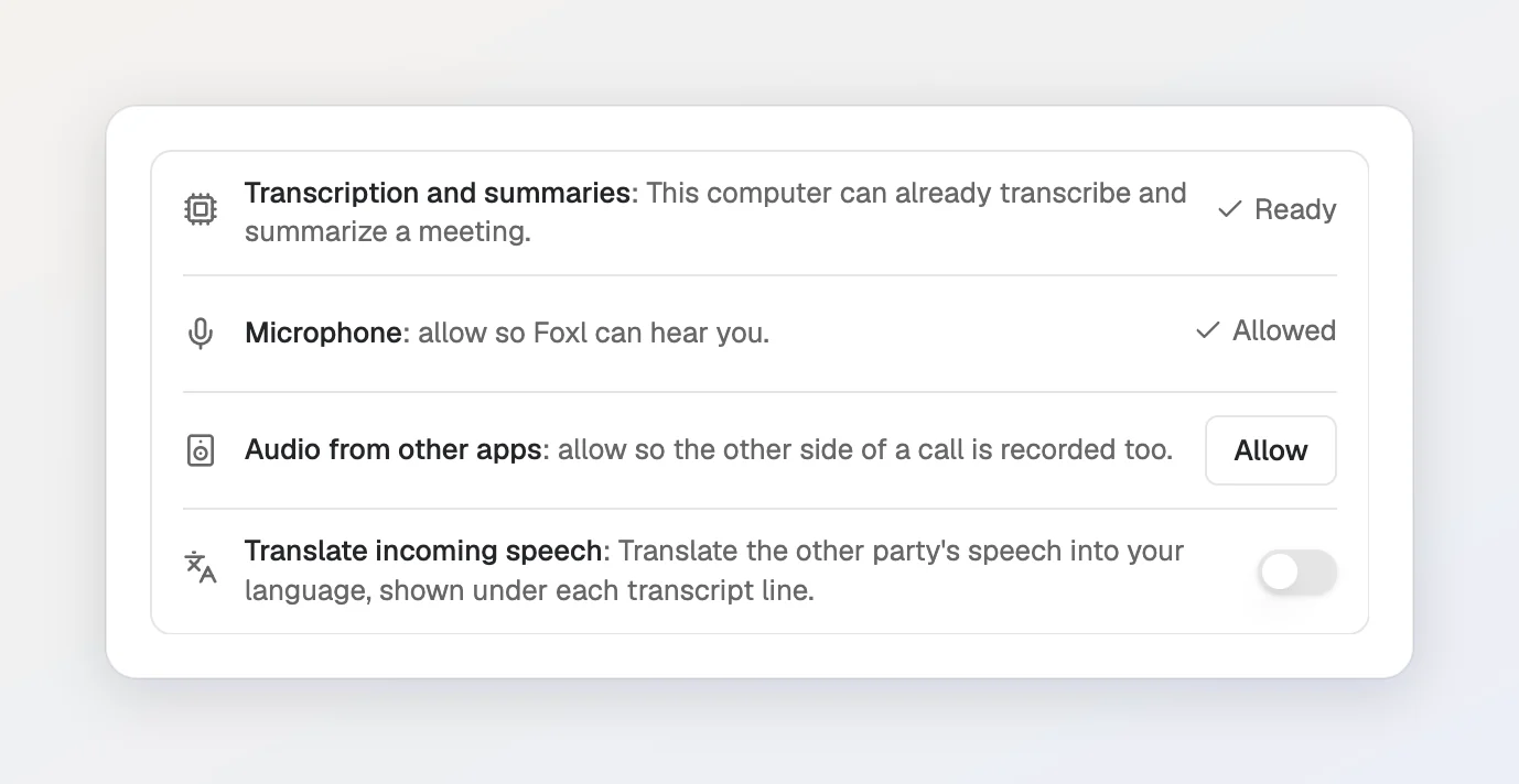 Dieselbe Zeile nach dem Download, jetzt mit dem Titel Transkription und Zusammenfassungen und dem Text „Dieser Computer kann ein Meeting bereits transkribieren und zusammenfassen.“, mit einem Häkchen Bereit.