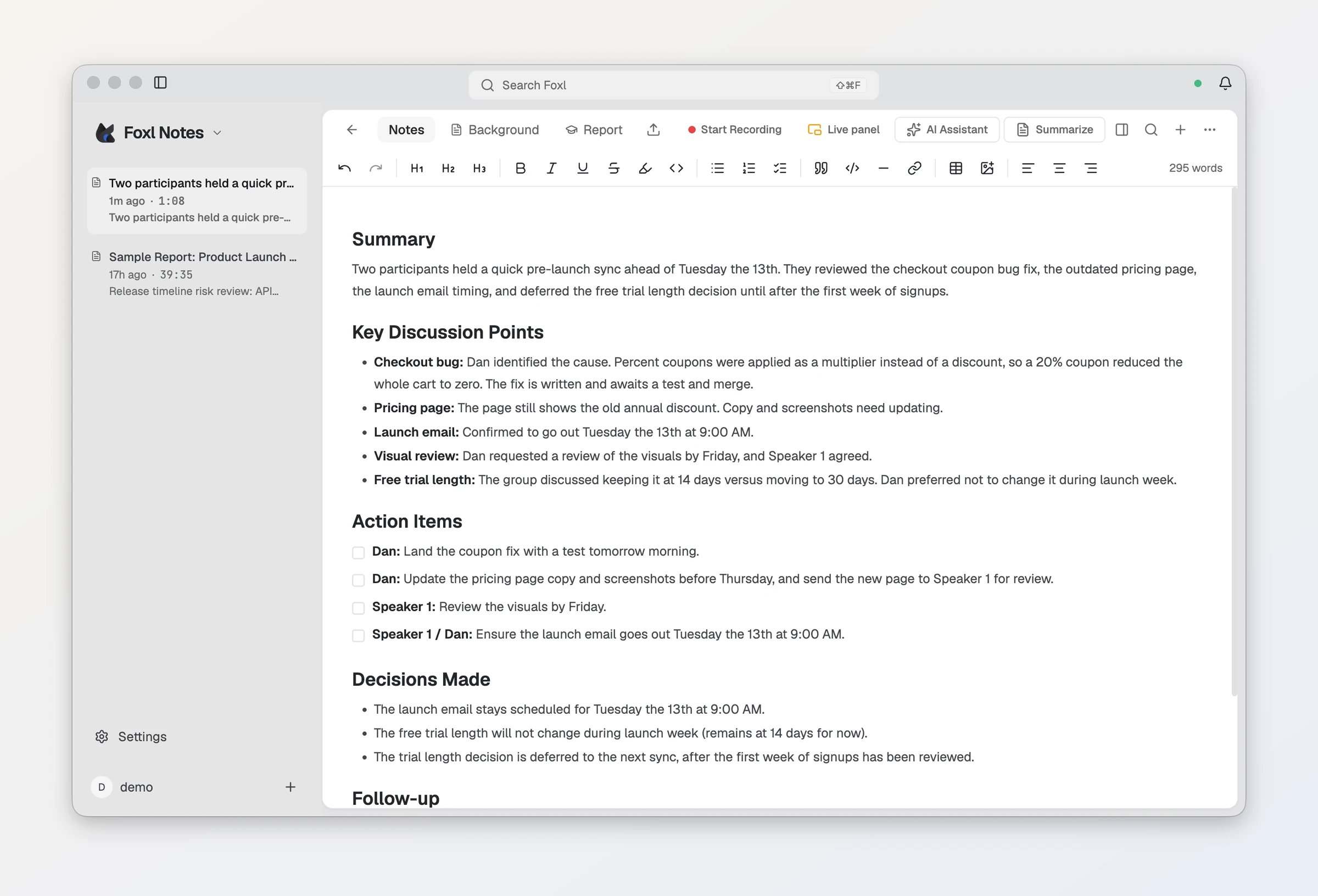 The same note after Summarize: Summary, Key Discussion Points, Action Items as checkboxes, and Decisions Made.
