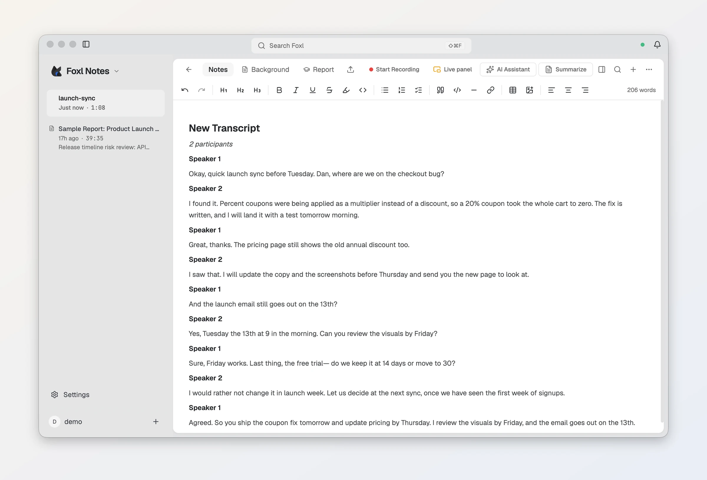 A Foxl note made from an imported one-minute meeting recording: the transcript, split into Speaker 1 and Speaker 2.