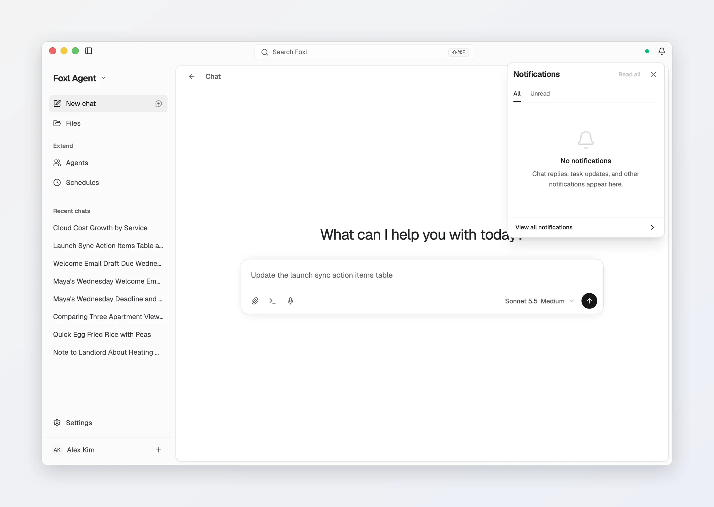 The bell in the Foxl titlebar opened: Notifications with All and Unread, No notifications, and View all notifications.