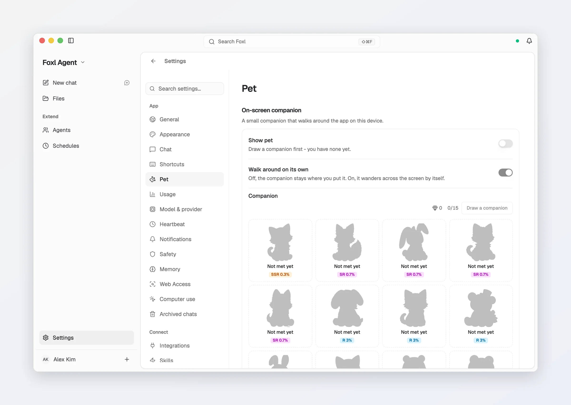 Settings > Pet: Show pet off with Draw a companion first - you have none yet, Walk around on its own on, and the companion gallery, every one not met yet.