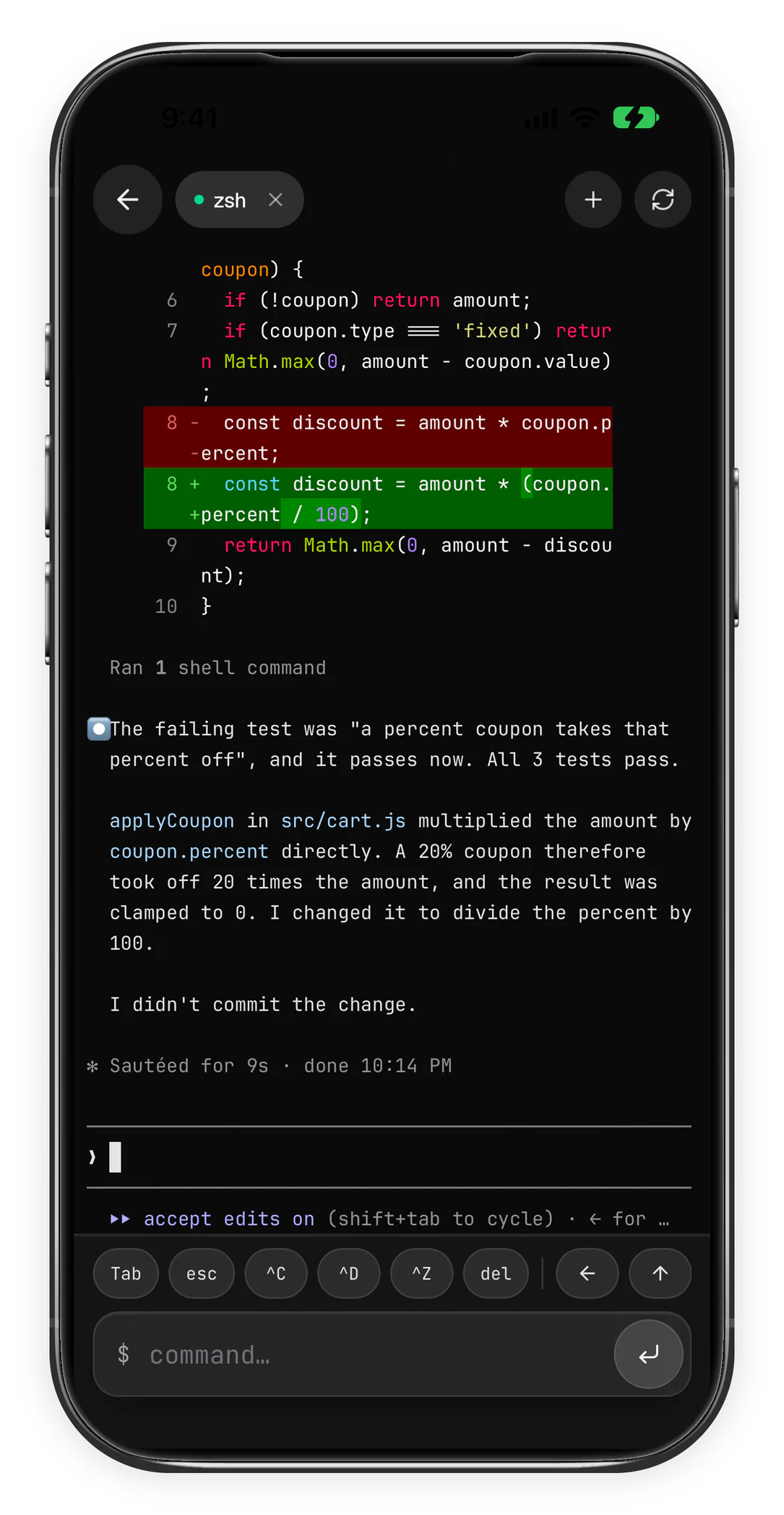 طرفية تطبيق Foxl على iPhone تشغّل Claude Code على جهاز الكمبيوتر: أصلح خللًا في قسيمة خصم بالنسبة المئوية في أحد المشاريع، ونجحت الاختبارات الثلاثة كلها.