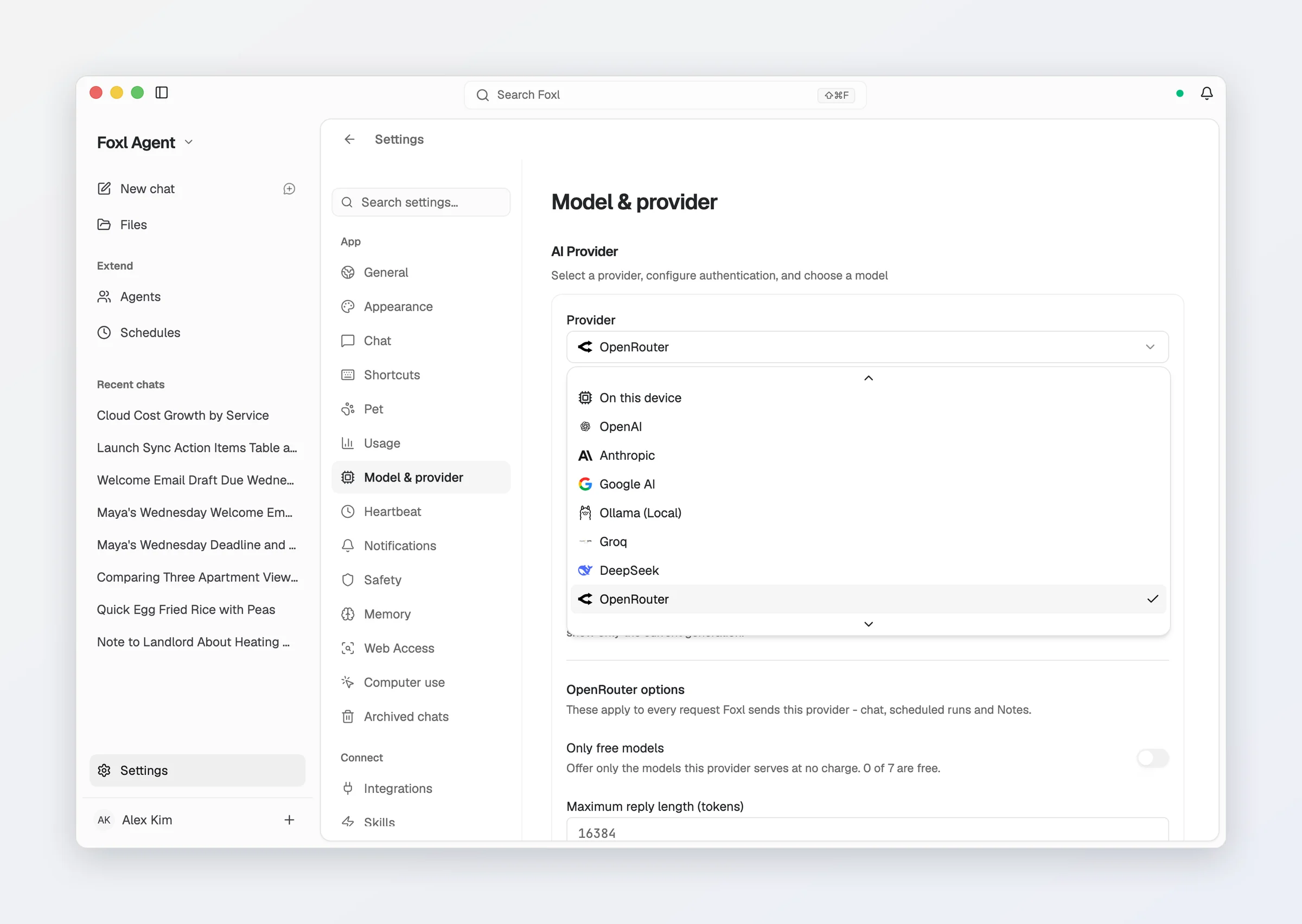 The Provider list in Settings > Model & provider: On this device, OpenAI, Anthropic, Google AI, Ollama (Local), Groq, DeepSeek and OpenRouter, with OpenRouter checked.