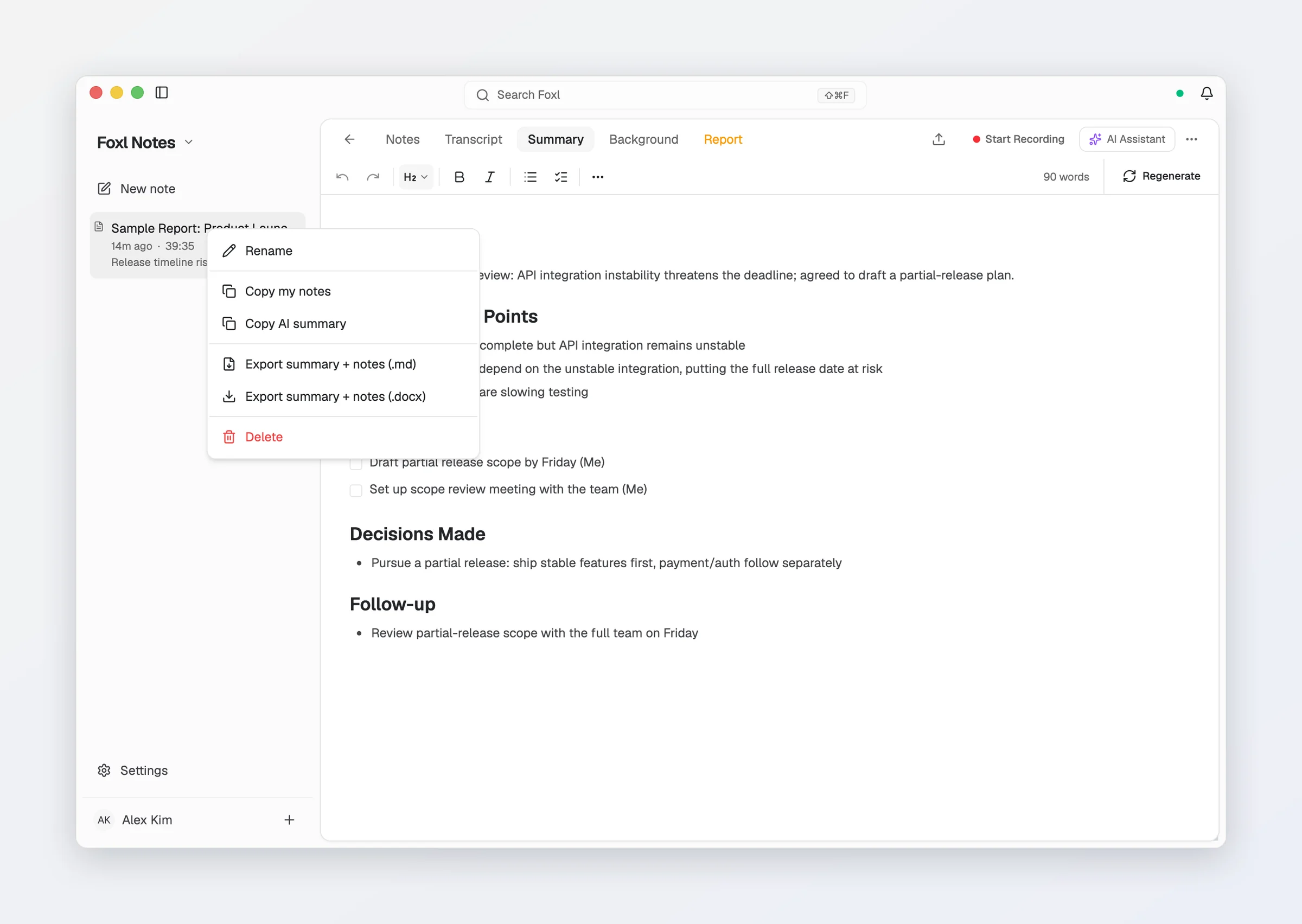 A note's row menu in the Notes sidebar, as the browser shows it: Rename, Copy my notes, Copy AI summary, Export summary + notes (.md), Export summary + notes (.docx) and Delete. The desktop app also lists Open saved file above Delete.