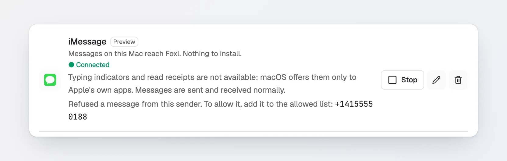 The iMessage row, Connected, with the line Refused a message from this sender. To allow it, add it to the allowed list: +14155550188.