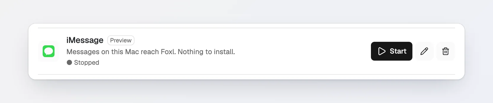 The iMessage row in Settings > Connect > Channels after Connect: Stopped, with Start, edit and remove buttons.