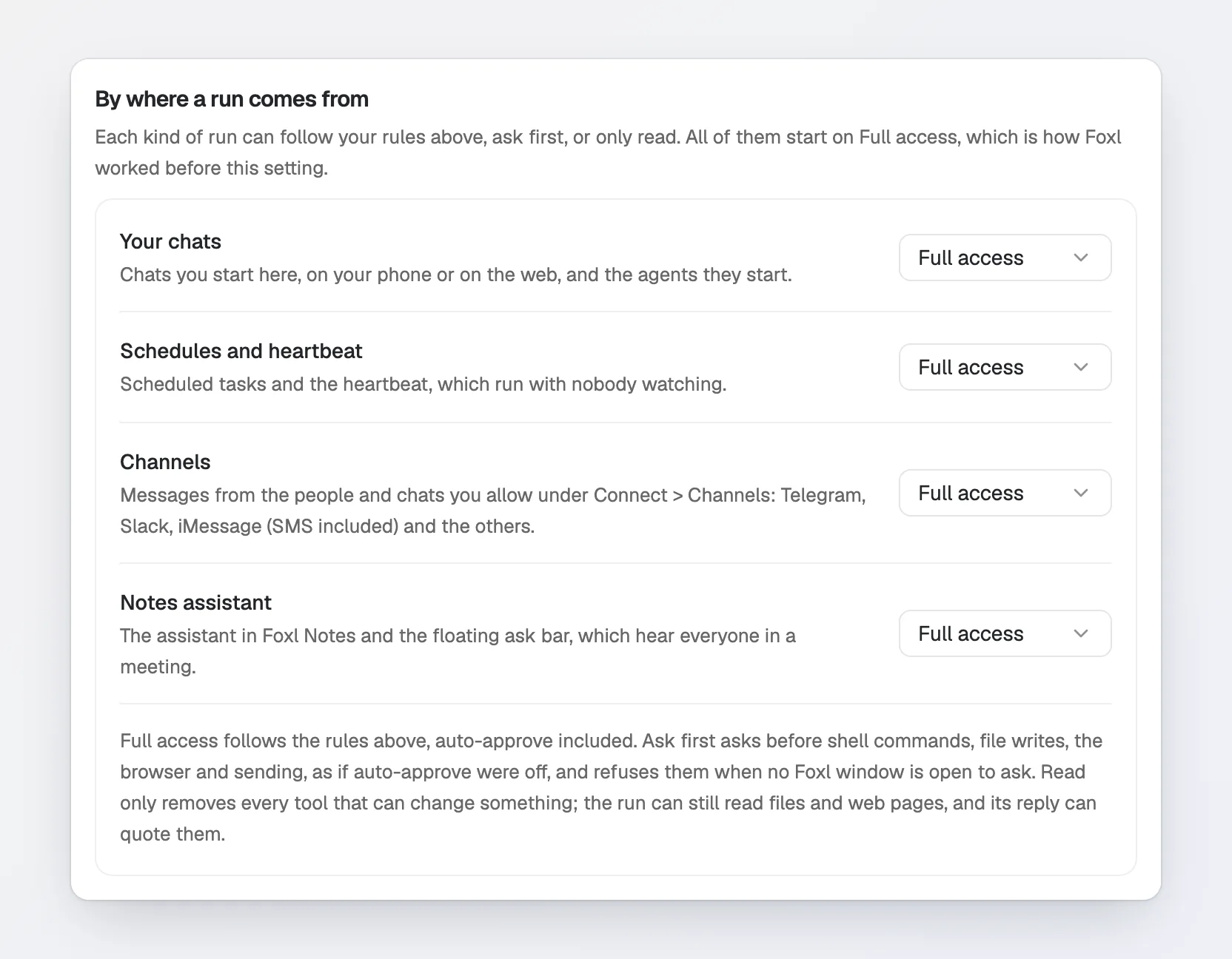 Settings > Safety > By where a run comes from: Your chats, Schedules and heartbeat, Channels (Messages from the people and chats you allow under Connect > Channels: Telegram, Slack, iMessage (SMS included) and the others) and Notes assistant, each set to Full access, with what Full access, Ask first and Read only mean.