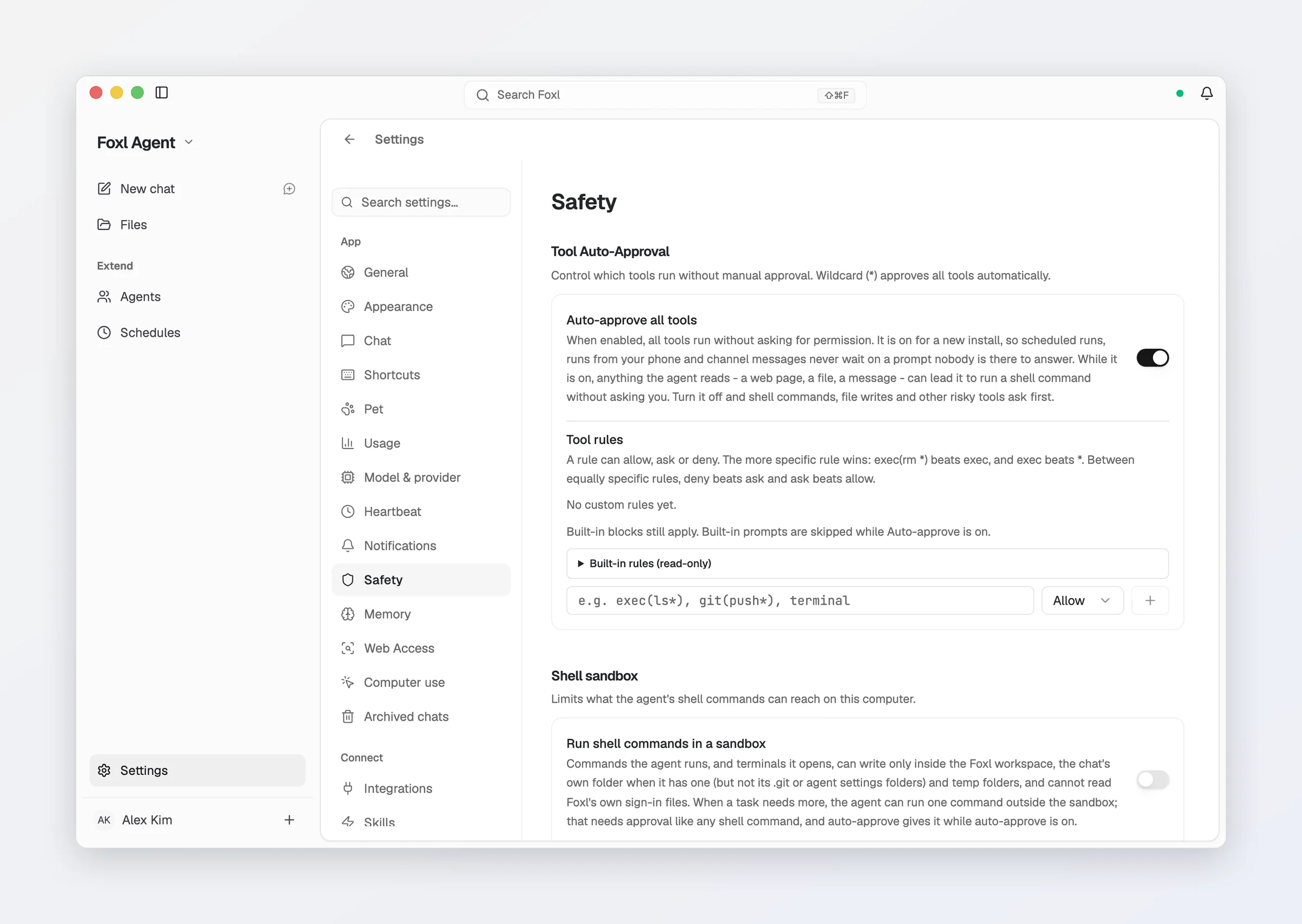 Settings > Safety in Foxl: Auto-approve all tools on, Tool rules with no custom rules yet and the read-only built-in rules, and Run shell commands in a sandbox off.