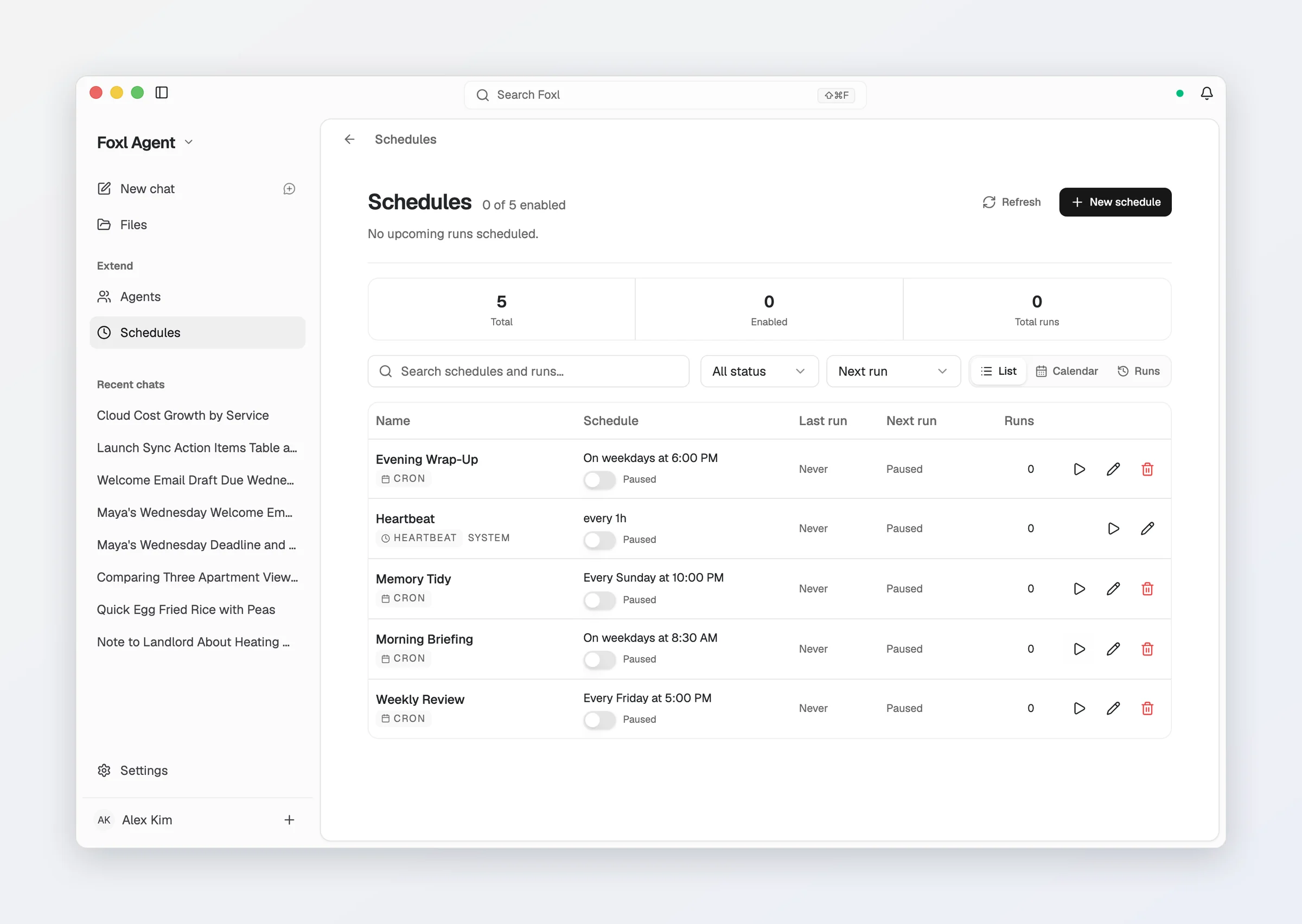 The Schedules page in Foxl: 0 of 5 enabled, and the list with Evening Wrap-Up, Heartbeat, Memory Tidy, Morning Briefing and Weekly Review, each paused, with run, edit and delete buttons.