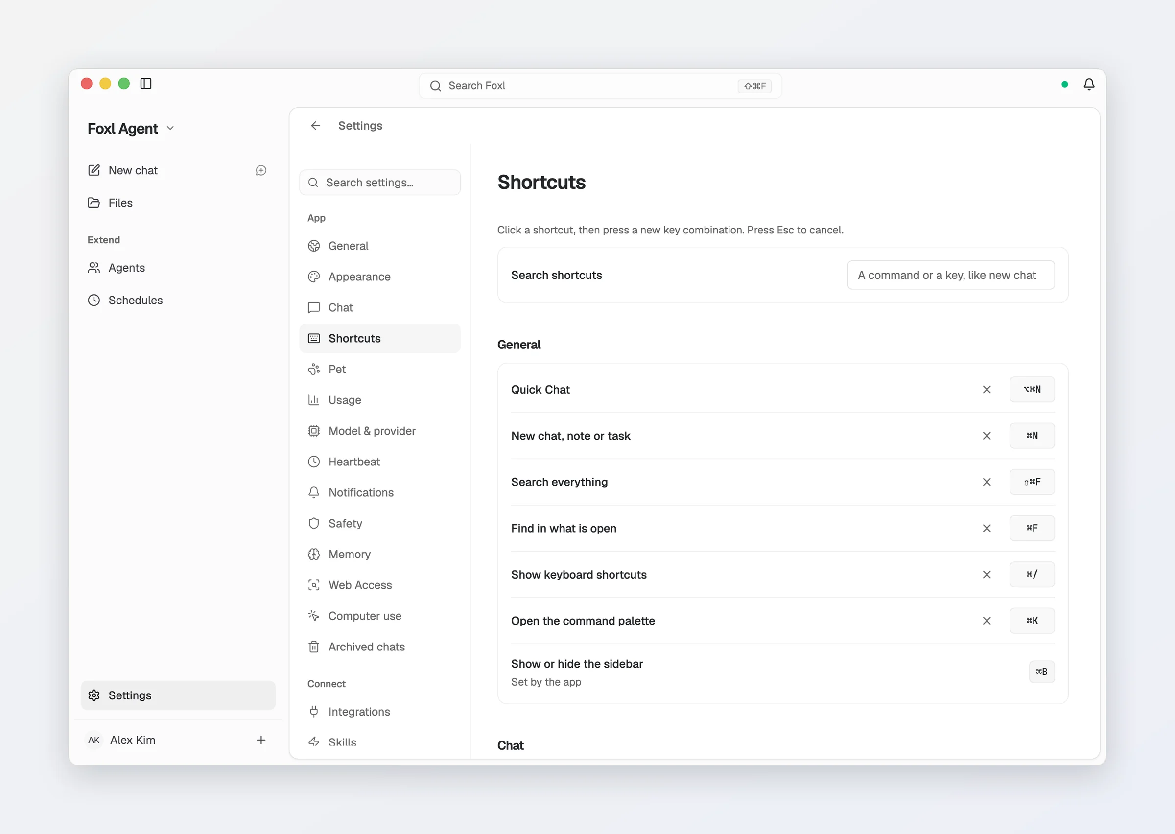 Settings > Shortcuts: Search shortcuts, and the General group with Quick Chat, New chat, note or task, Search everything, Find in what is open, Show keyboard shortcuts and Open the command palette.