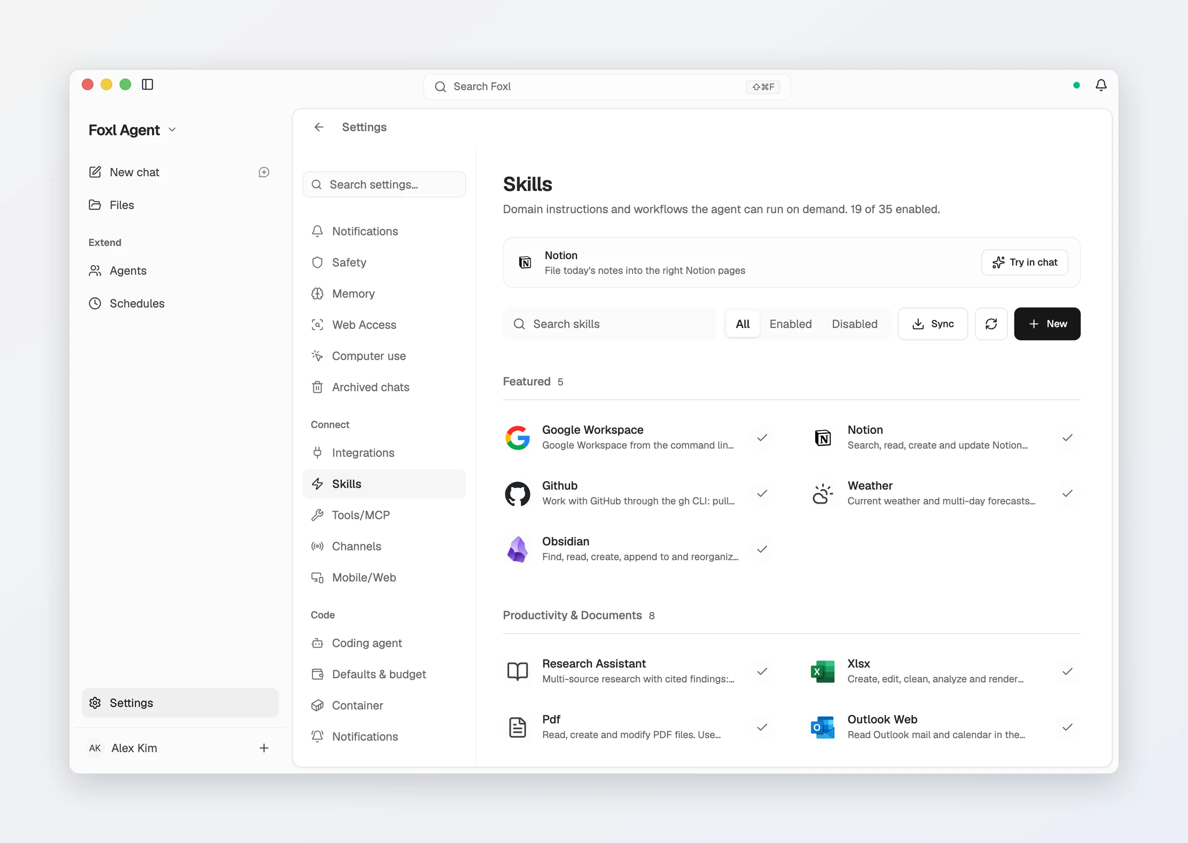 Settings > Connect > Skills: 19 of 35 enabled, a search field with All, Enabled and Disabled, Sync and New, and the Featured skills Google Workspace, Notion, Github, Weather and Obsidian.