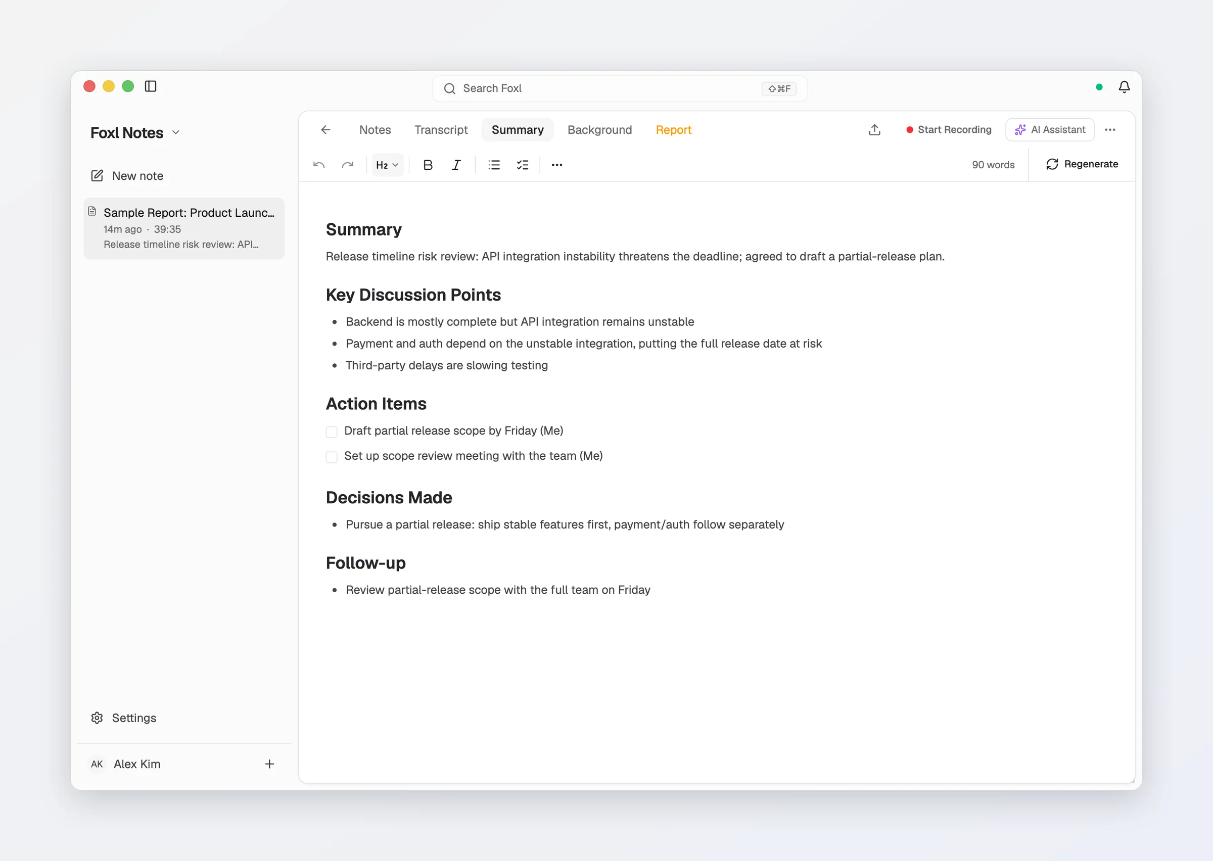 A Foxl note on its Summary tab: the formatting toolbar, 90 words, Regenerate, and the summary with Key Discussion Points, Action Items, Decisions Made and Follow-up.