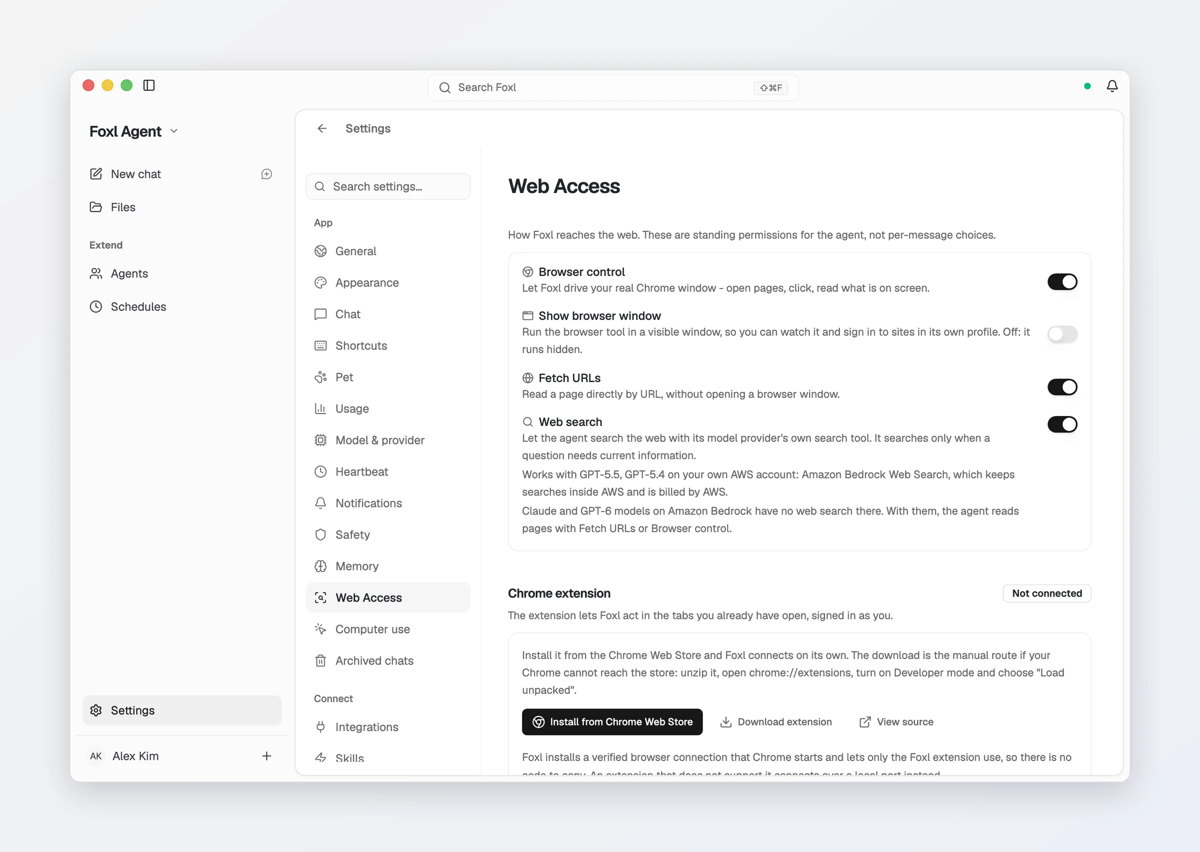 Settings > Web Access in Foxl: Browser control, Fetch URLs and Web search on, Show browser window off, and the Chrome extension group, not connected, with Install from Chrome Web Store.