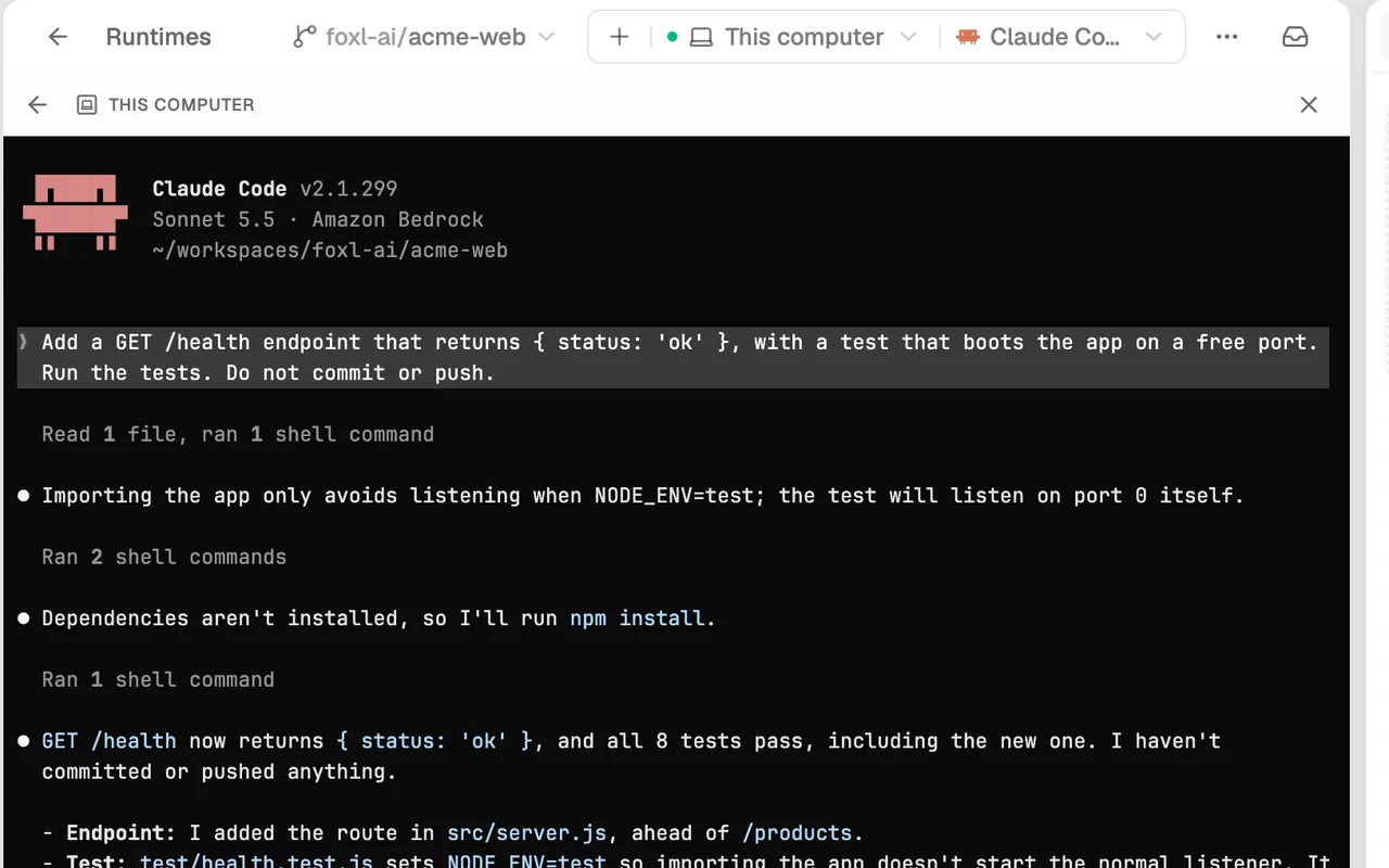 Foxl Code in the desktop app, running Claude Code on This computer: it added an endpoint to a repository and all 8 tests pass.