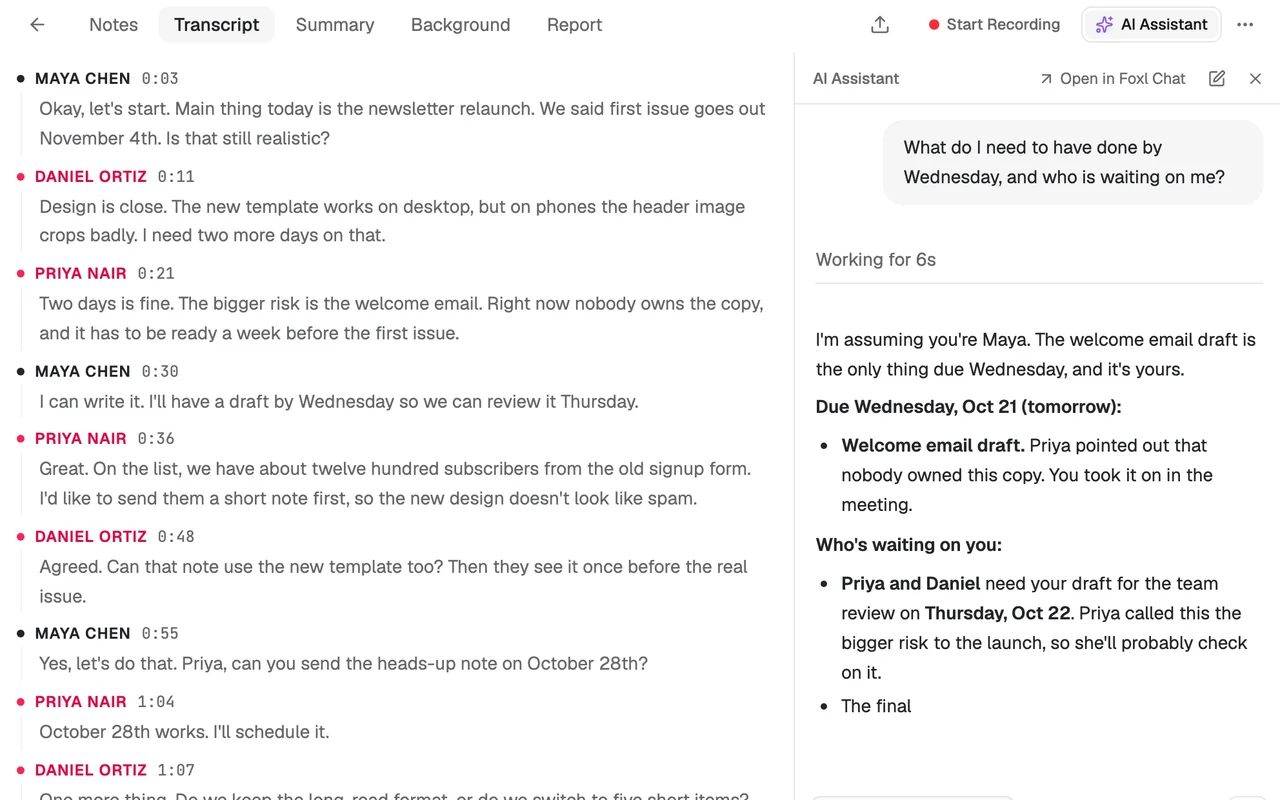 A Foxl note's transcript beside the AI Assistant answering what is due by Wednesday and who is waiting on it.